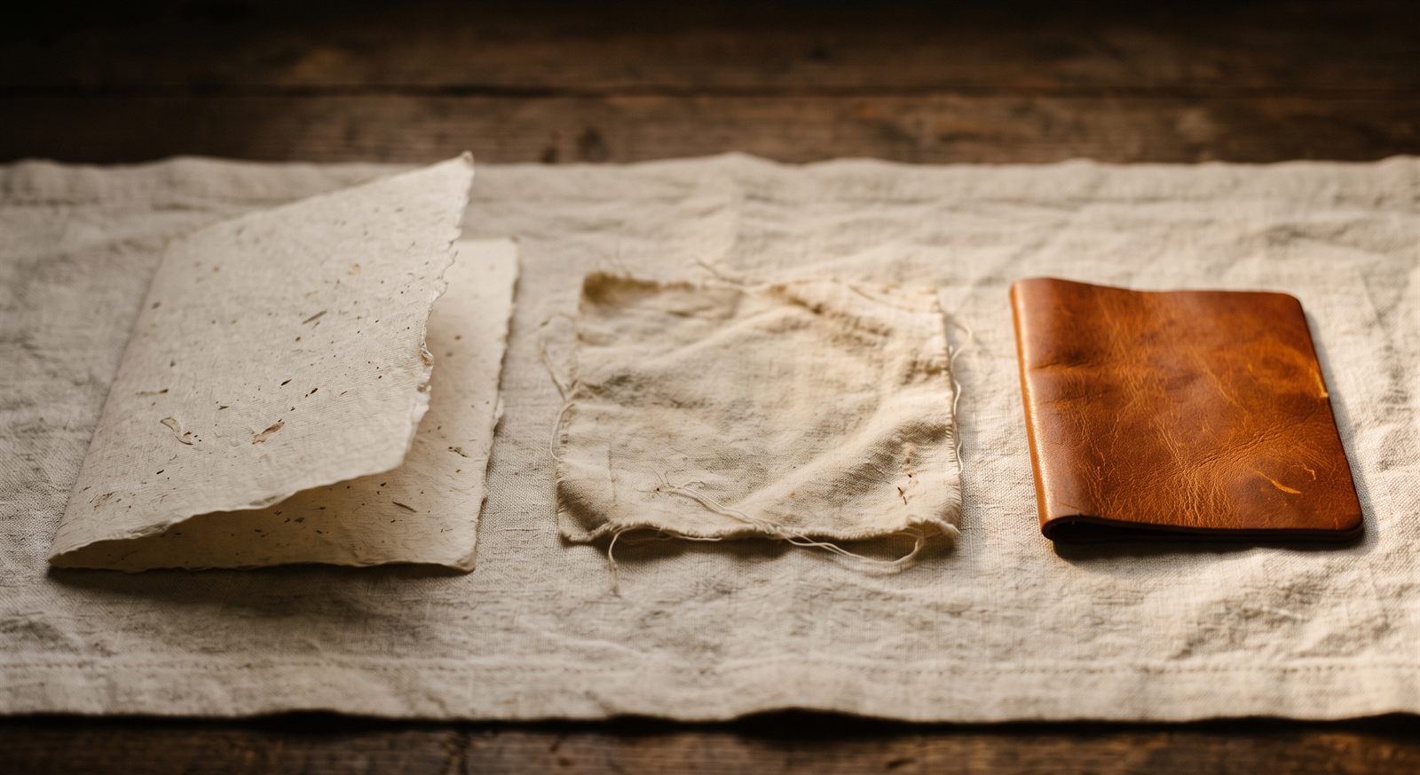 Three anniversary materials in a row on cream linen: a torn sheet of handmade paper, a square of worn cotton, and a small piece of glowing full-grain leather