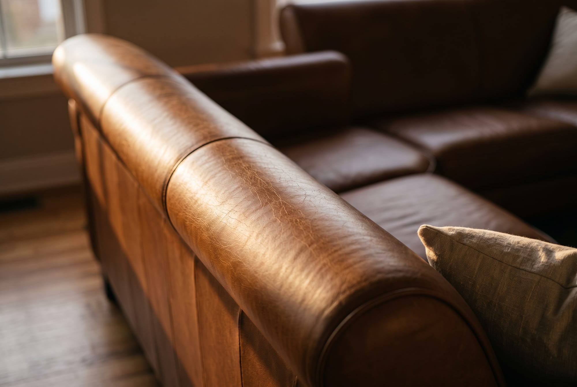 Raking afternoon light across the arm of a cognac leather sofa, showing a fine web of crazing along the crown of the curve while the seat and back remain smooth
