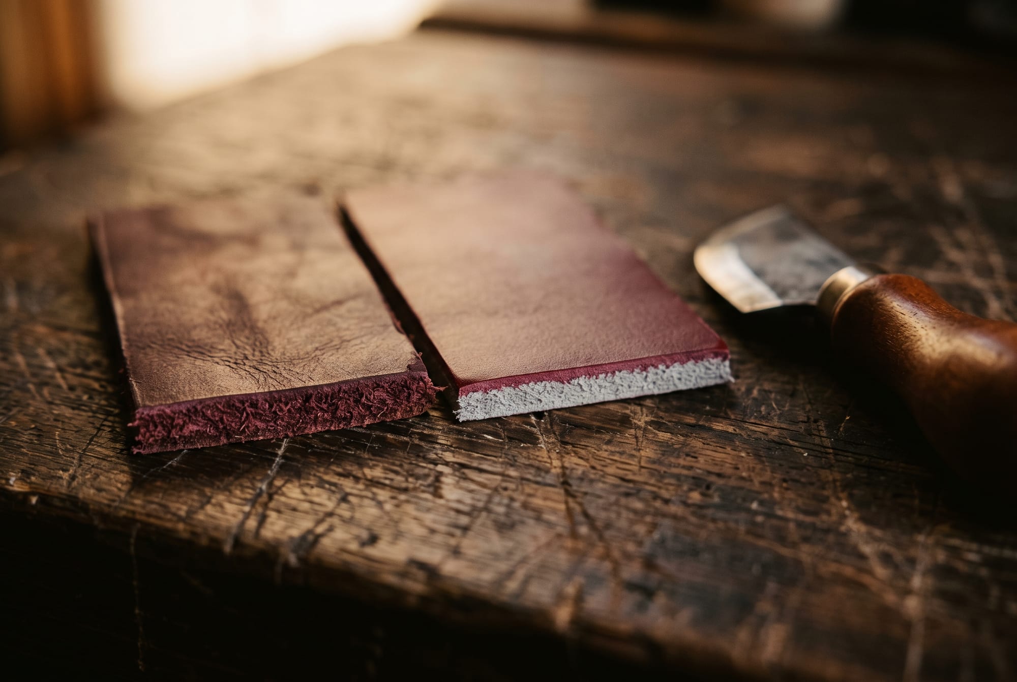 Two burgundy leather swatches side by side on a workbench, cut edges facing the camera: the aniline-dyed veg-tan coloured through its whole thickness, the pigmented one showing a pale grey core under a thin painted skin