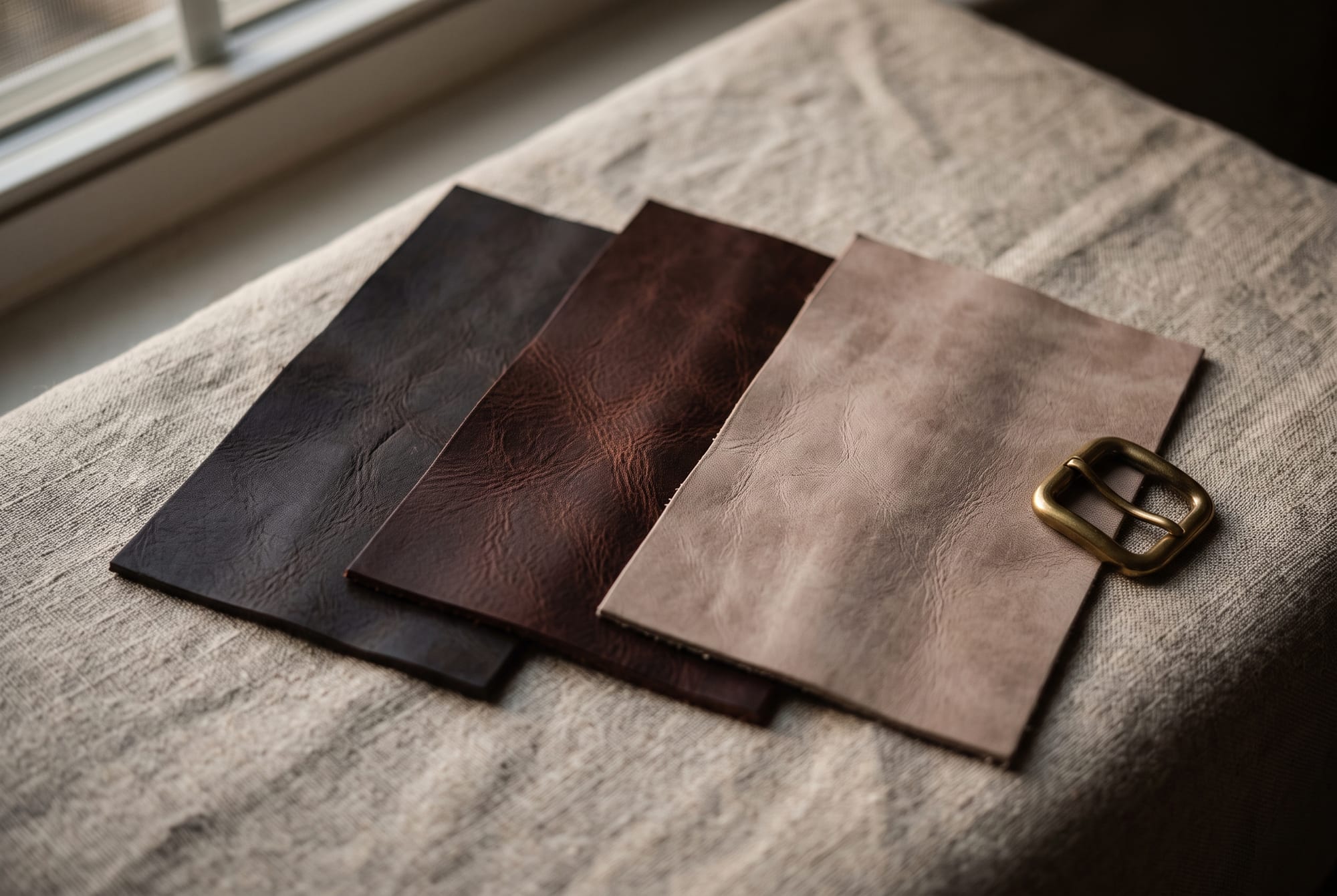 Three leather swatches laid on oatmeal linen in low window light — a near-black espresso, a deep warm chocolate with a red undertone, and a pale greyed mocha — with a brass buckle resting alongside