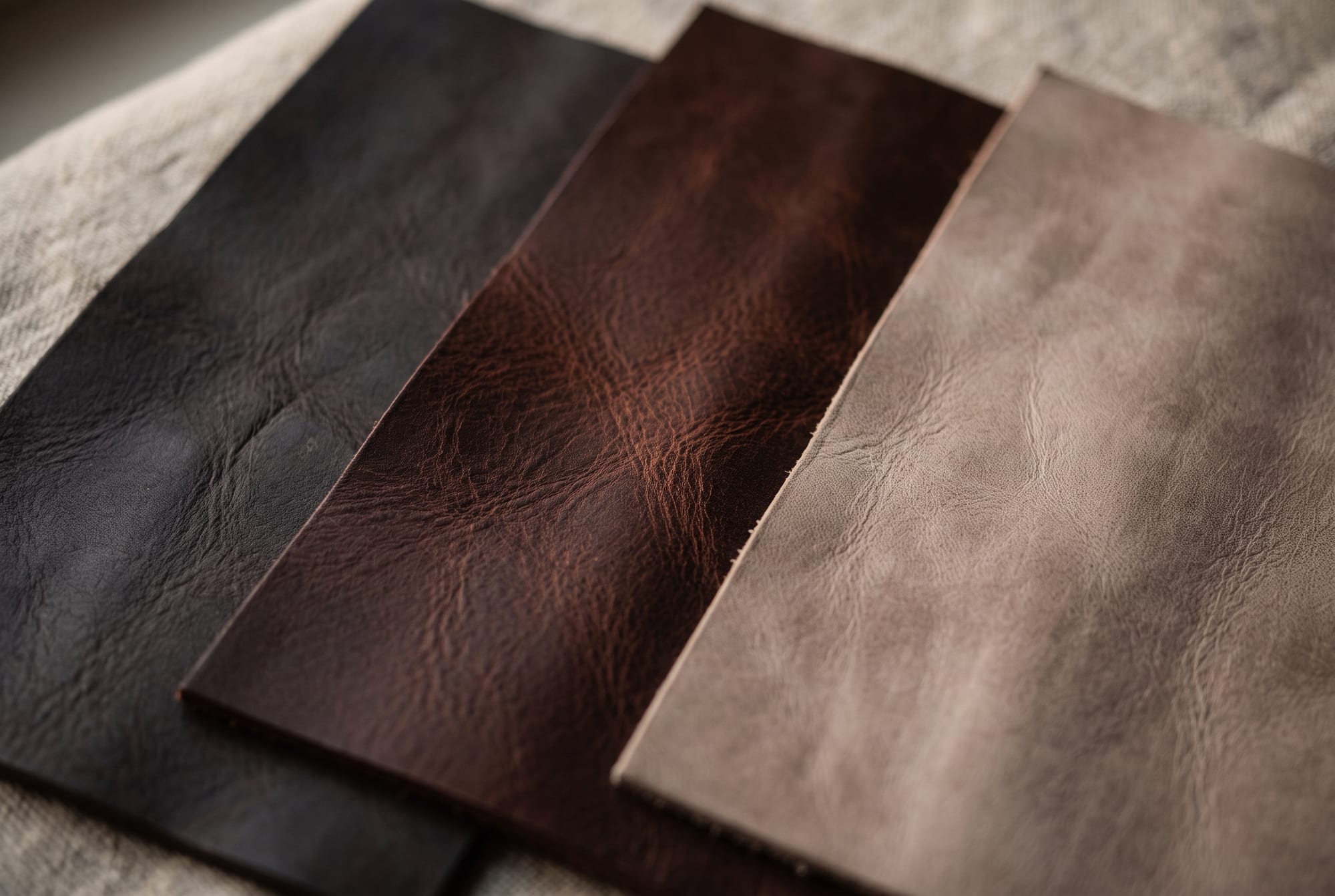 Three leather swatches overlapping on pale linen in raking window light — a cool near-black espresso, a deep red-toned chocolate, and a greyed milky mocha — the grain pores visible on all three