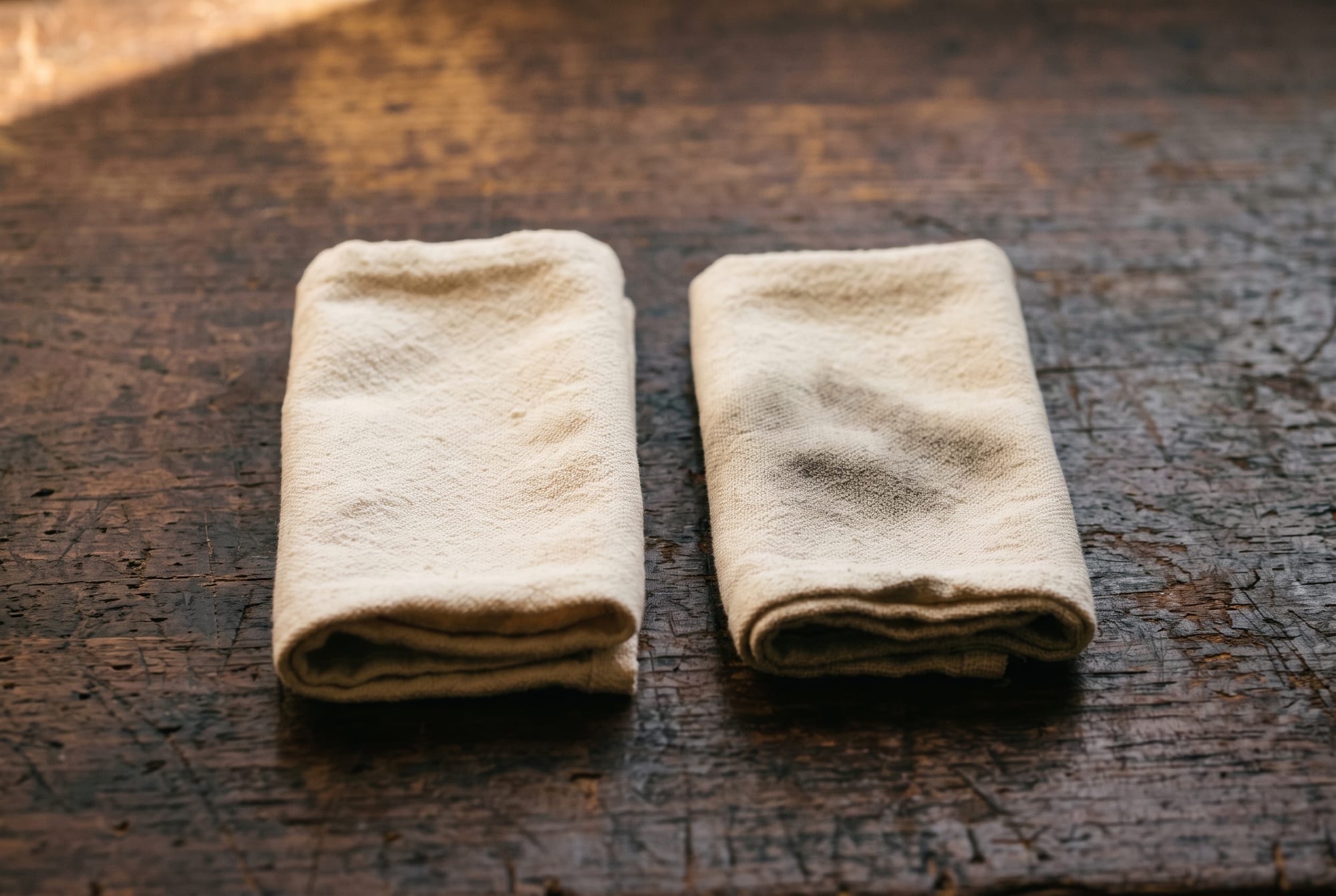 Two folded cream cotton cloths side by side on dark wood, the left one pristine and the right one carrying a distinct grey-brown smear of soil lifted from a leather surface