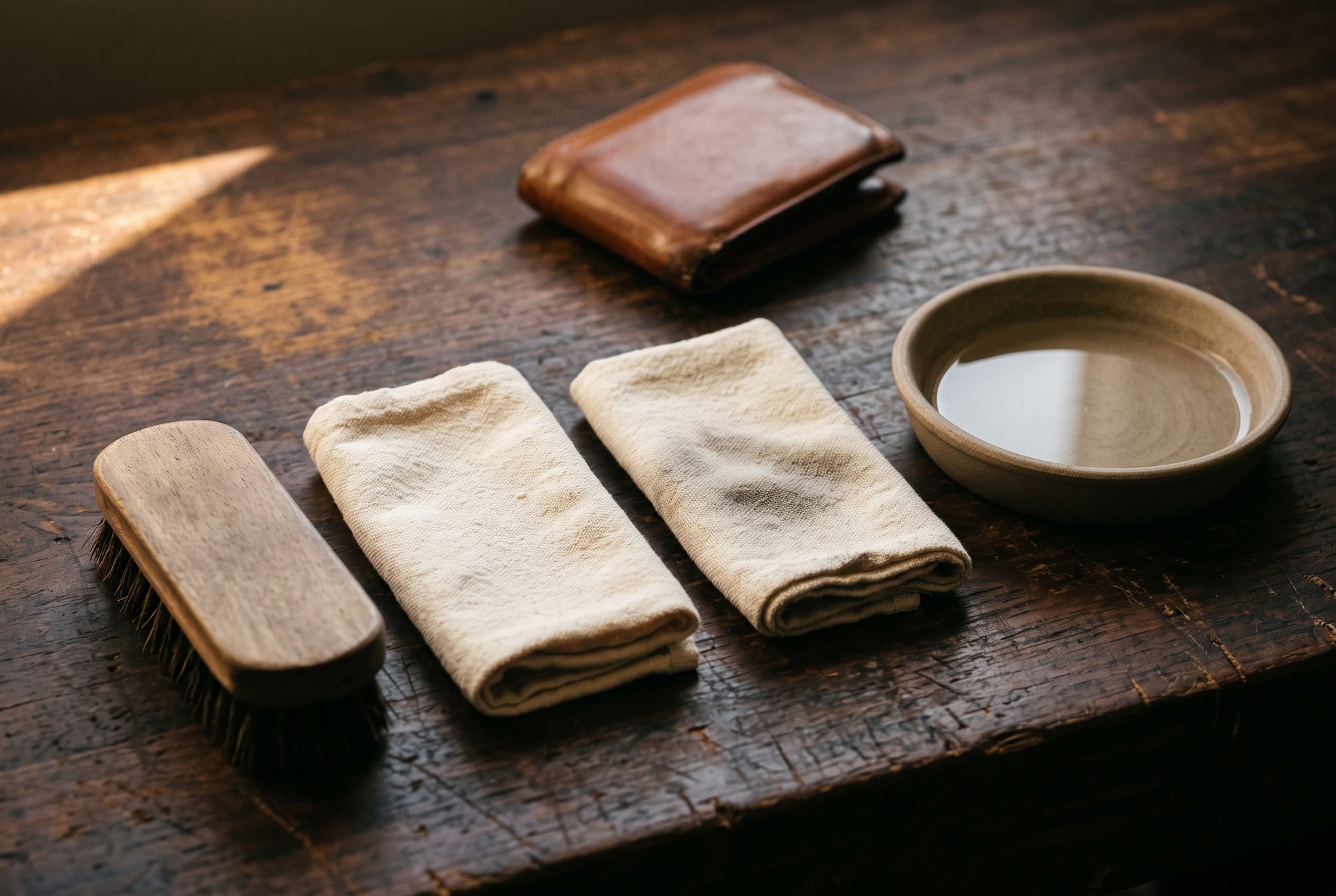 A soft horsehair brush, two folded cream cotton cloths and a shallow dish of water on a dark workbench beside a cognac leather wallet, one cloth clean and one visibly greyed from use