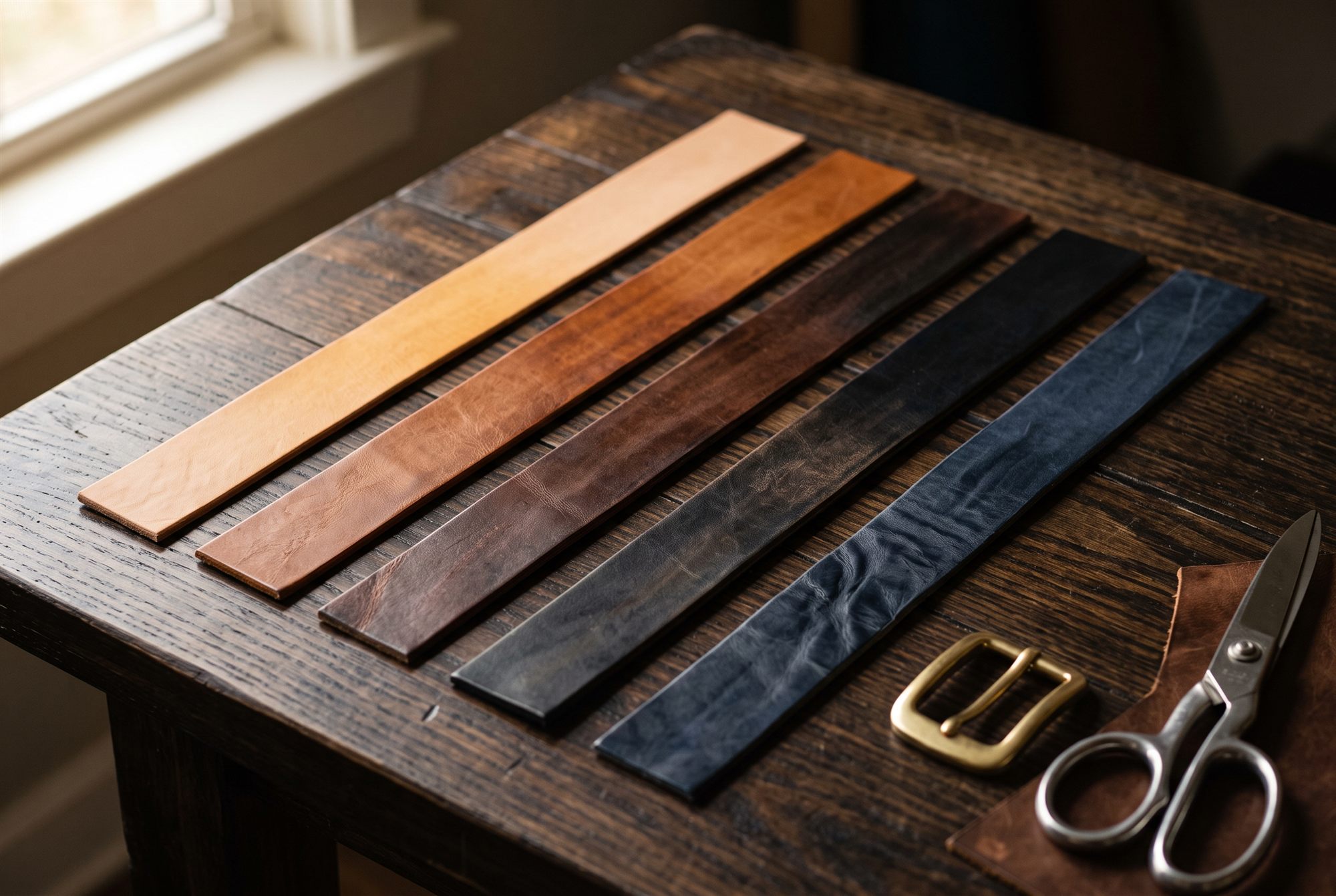 Stacked full-grain leather straps in natural tan, cognac, tobacco brown, burgundy and blue