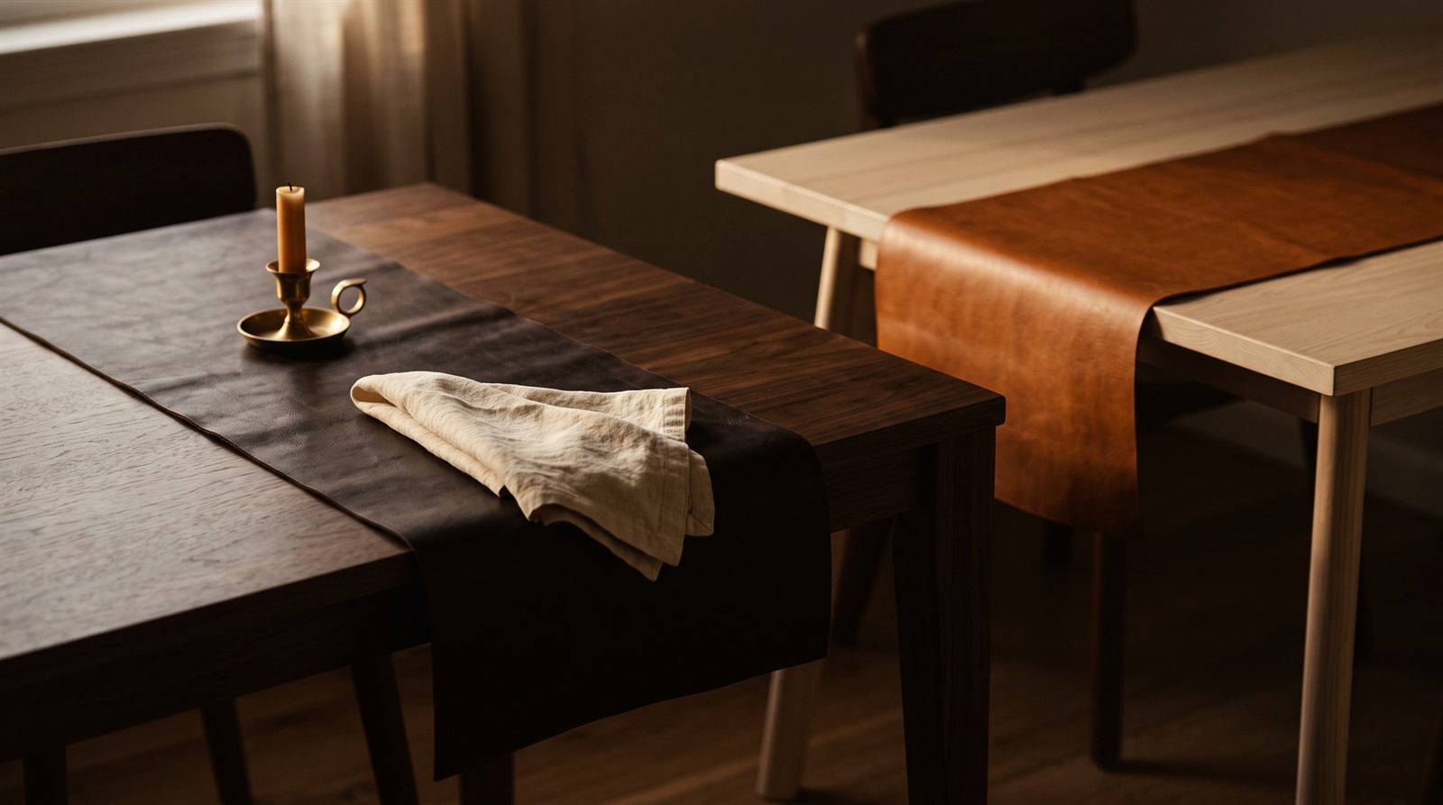 A tobacco leather runner on a dark walnut dining table and a cognac runner on a pale ash table, with linen napkin and brass candle holder