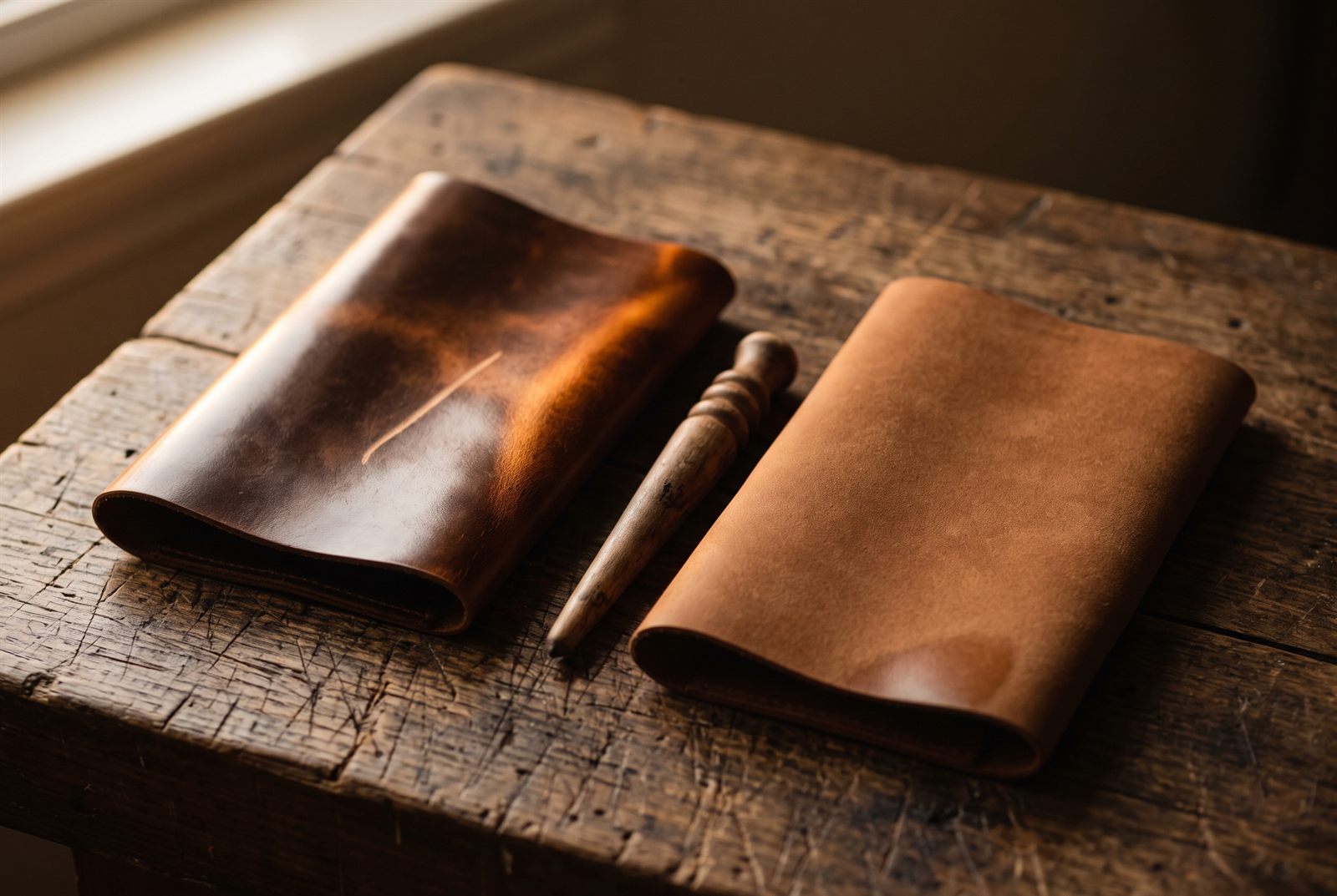 Glossy two-tone Crazy Horse leather beside matte natural Pueblo leather on a workbench, a wooden burnishing tool between them