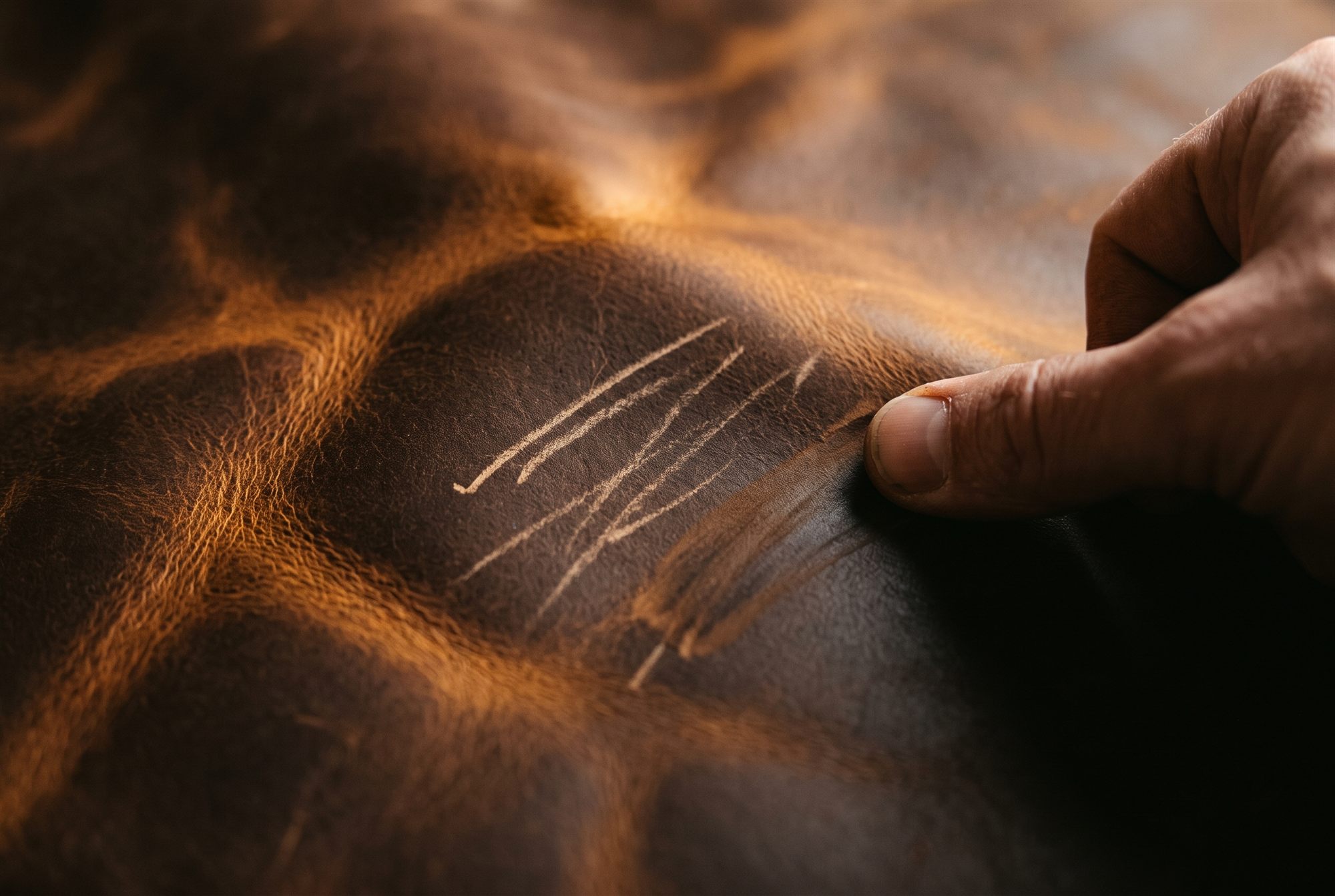 Tobacco brown Crazy Horse leather placemats showing the characteristic two-tone waxed surface