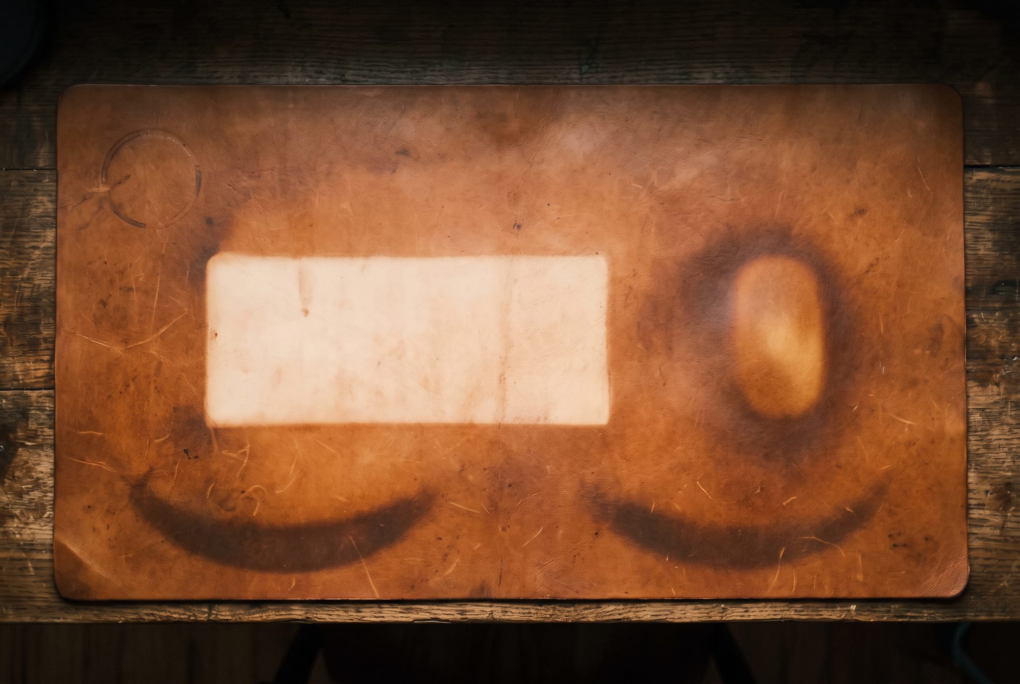 A well-used cognac leather desk pad photographed from above, visibly darker in a rounded patch where a mouse has travelled and along two crescents at the front edge, with a paler rectangle where a keyboard has stood
