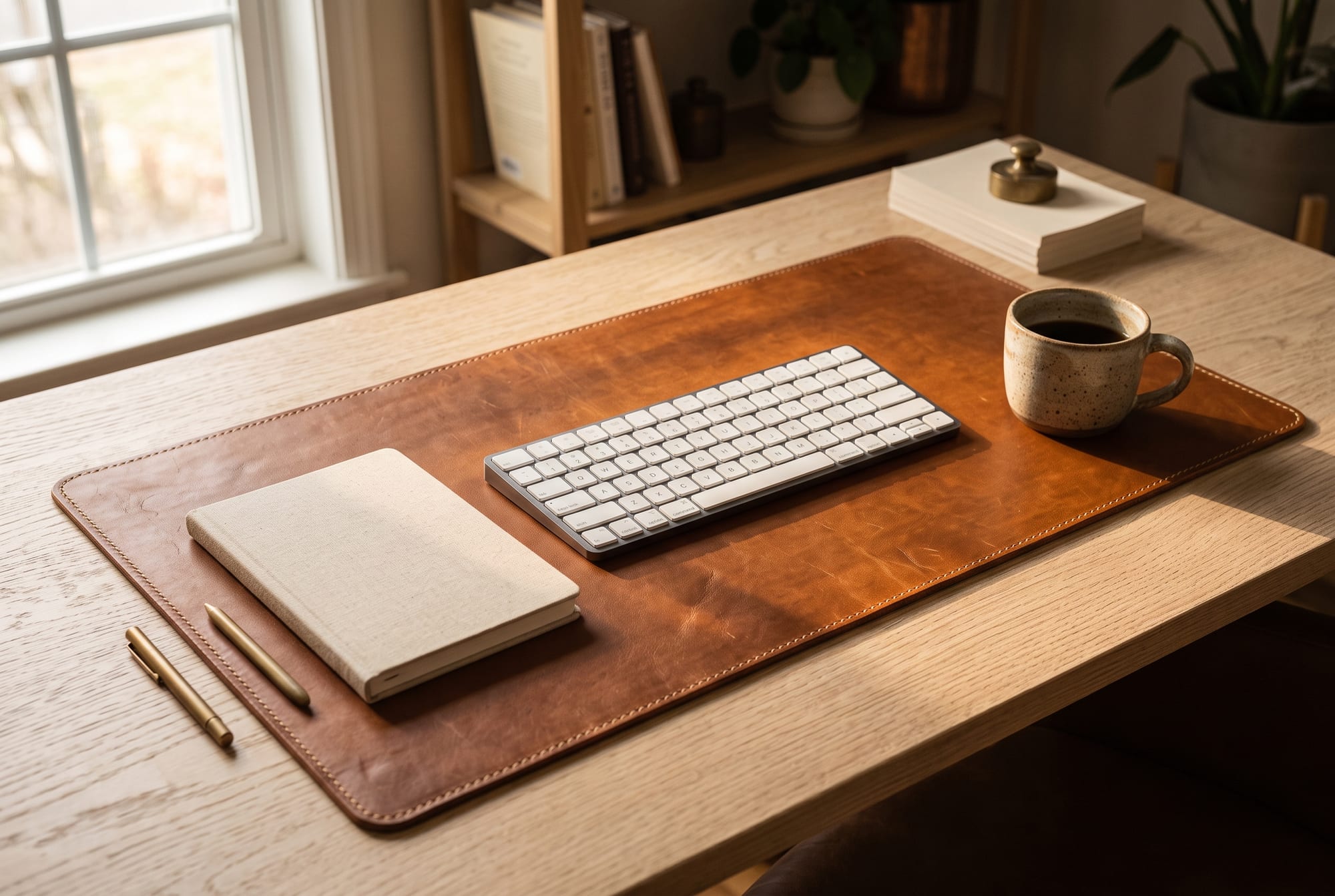 A large cognac vegetable-tanned leather desk pad laid across a pale oak desk in soft window light, with a keyboard, a closed notebook and a ceramic cup arranged on it, a margin of bare wood visible around three sides