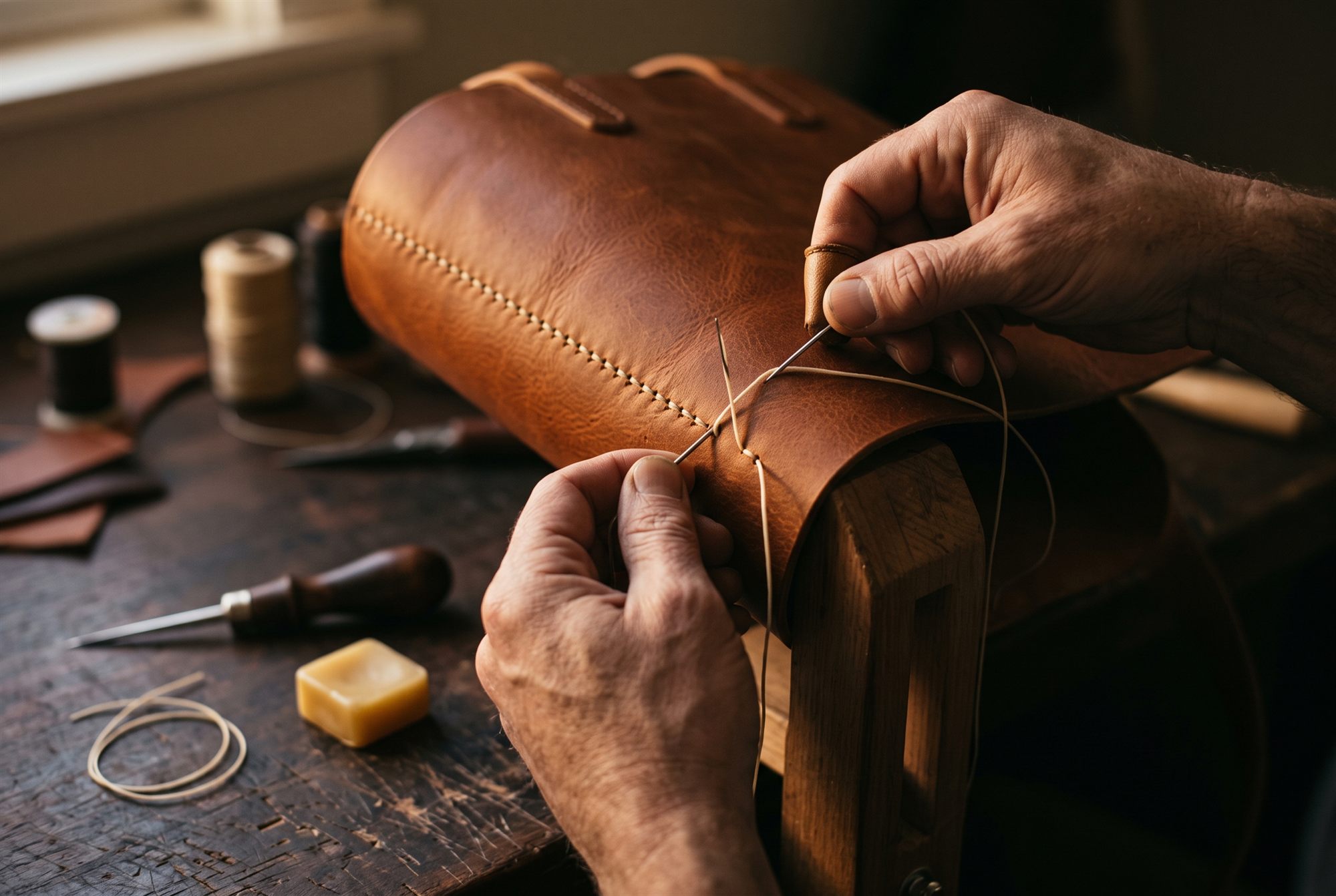 Close-up of a maker’s fingers holding a cognac full-grain wallet edge-on under raking light, the burnished edge reading as a dark glassy band, a bone folder and canvas scrap on the workbench behind