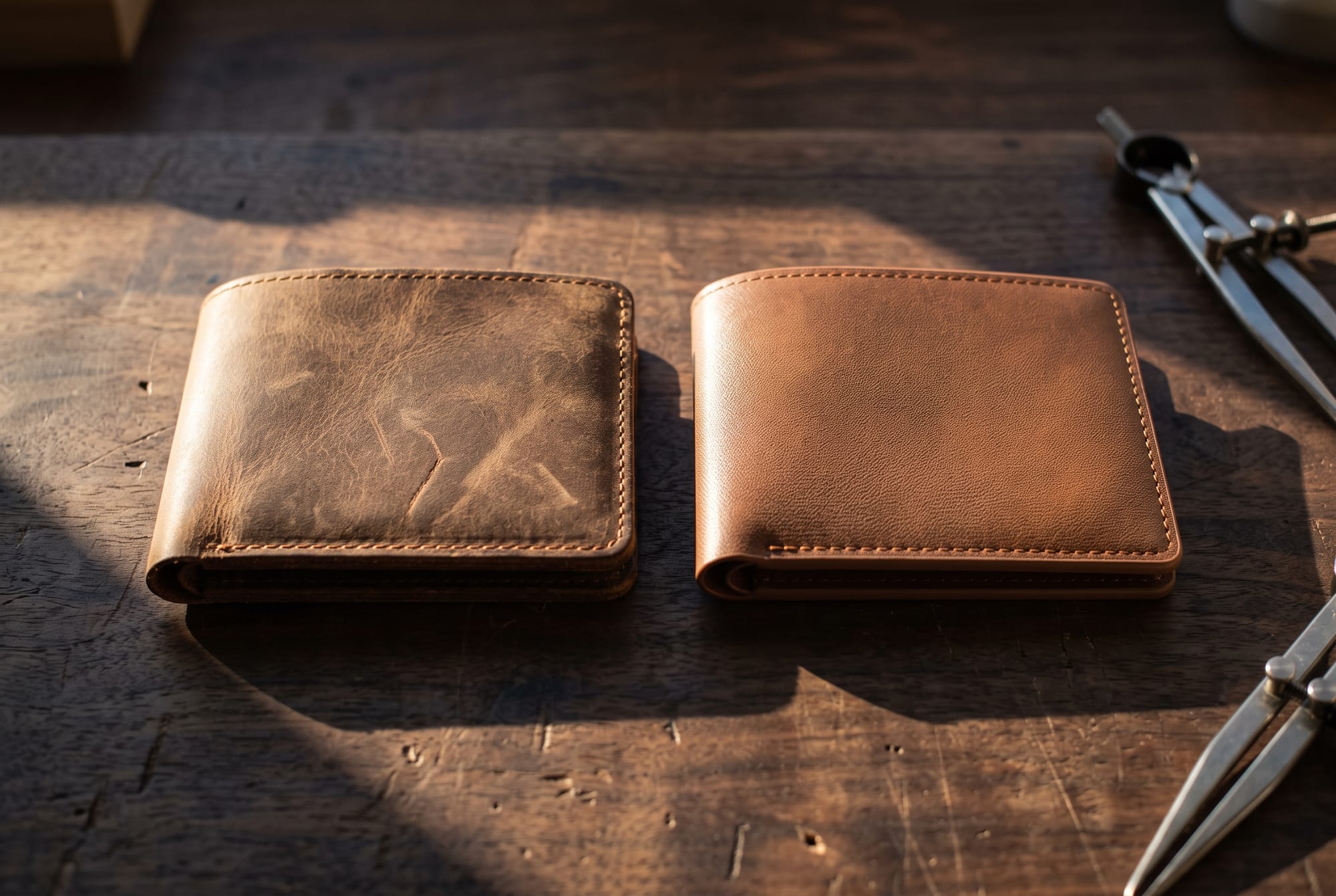 Two tobacco-brown leather wallets side by side on a workbench under raking light, one with irregular full-grain crazy horse texture and visible pull-up scratches, the other with an evenly repeating printed grain pattern