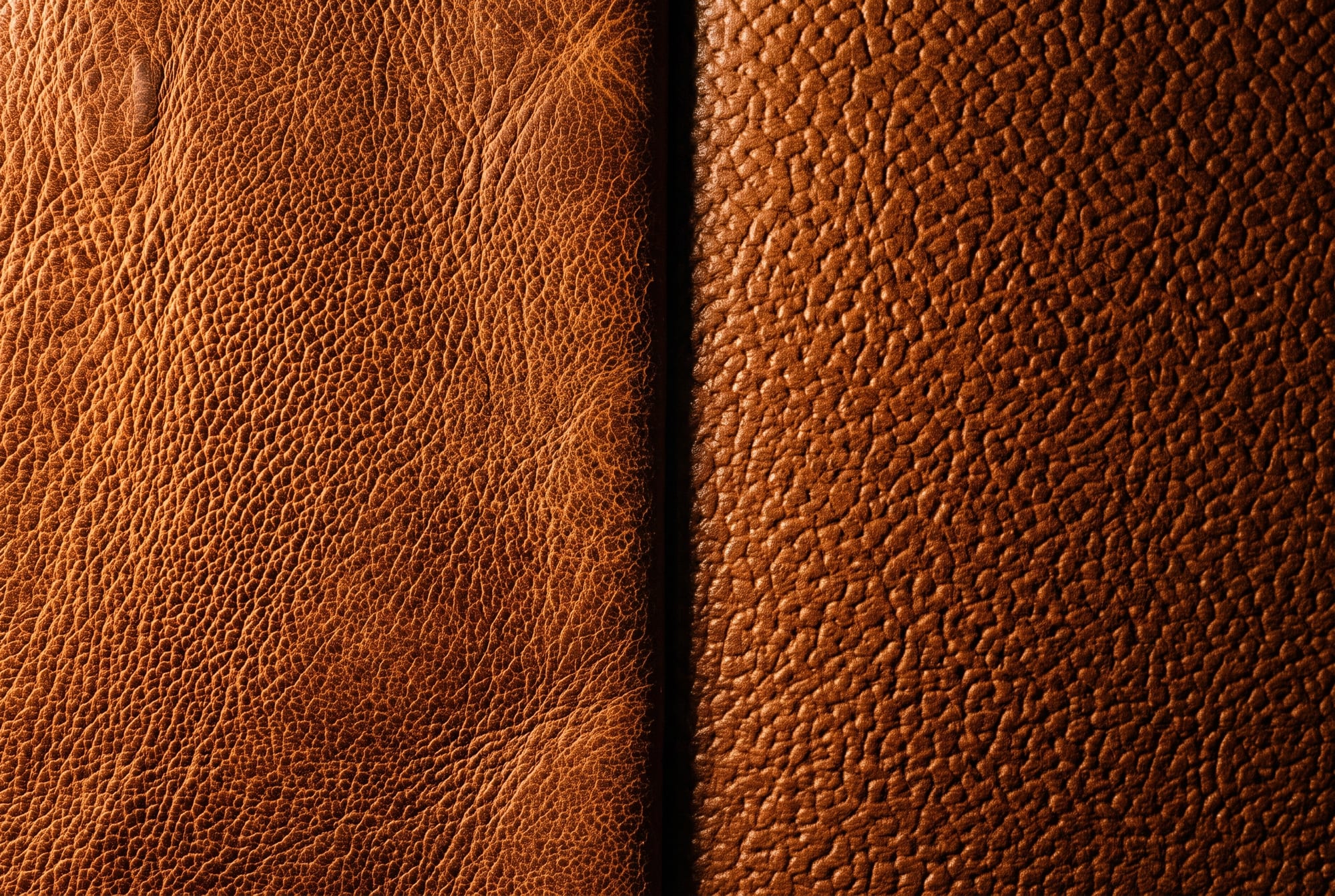 Extreme macro comparison of two leather surfaces under raking light: on the left an irregular full-grain pore pattern with growth lines and a healed scar, on the right a mechanically even grain where the same pore cluster appears twice