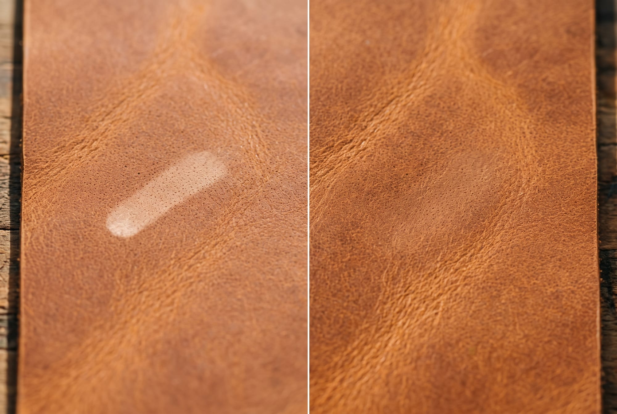 A thumbnail drawn across tobacco crazy horse leather leaving a pale wax line, photographed beside the same spot moments later where the line has almost completely closed