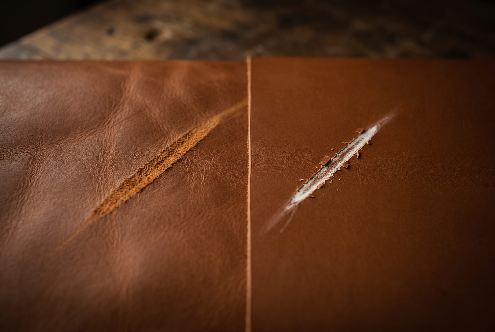 Macro comparison of two leather surfaces: a scuff on aniline leather showing warm fibre beneath the graze, beside a scuff on pigmented leather showing a chalky pale line where the coloured coating has broken