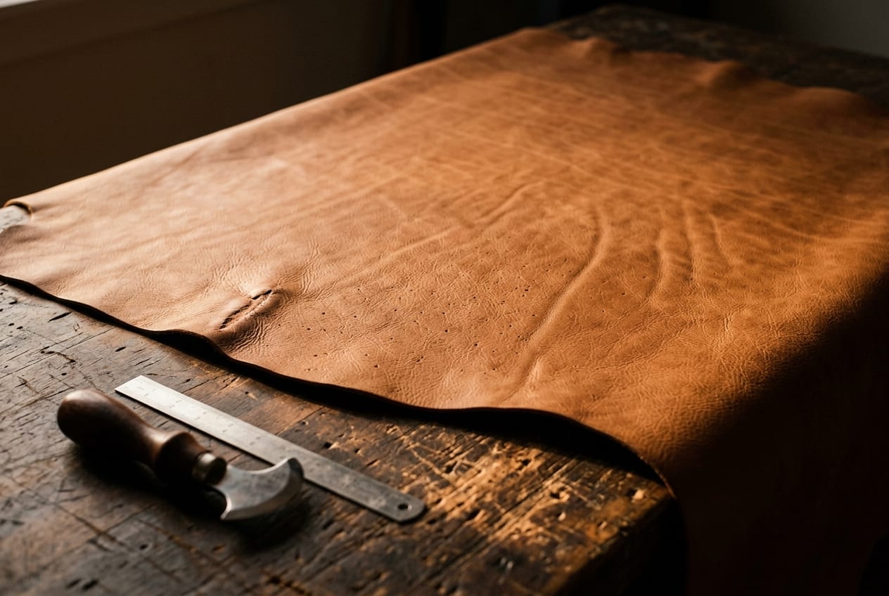 A full vegetable-tanned hide spread on the workbench under raking light, its intact grain surface showing pores, growth marks and a healed scar