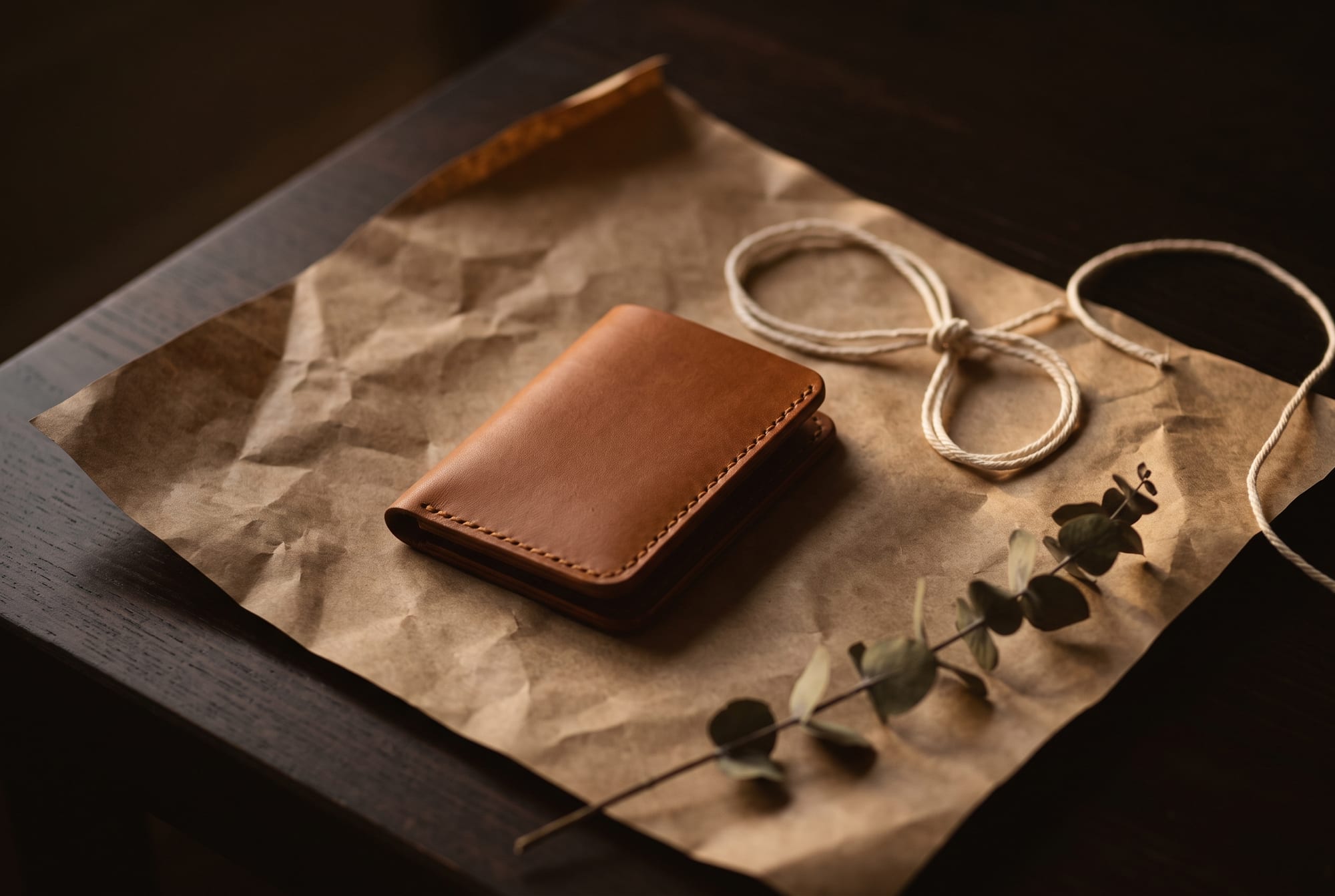 A small hand-stitched leather piece resting on brown paper and undyed cotton string on a dark wooden table, a sprig of dried eucalyptus beside it in low winter light