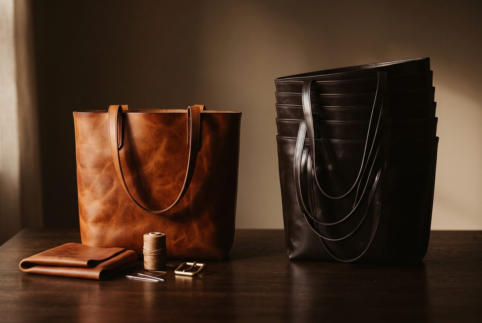 One handmade cognac tote beside its raw materials, facing a stack of five identical mass-produced dark totes