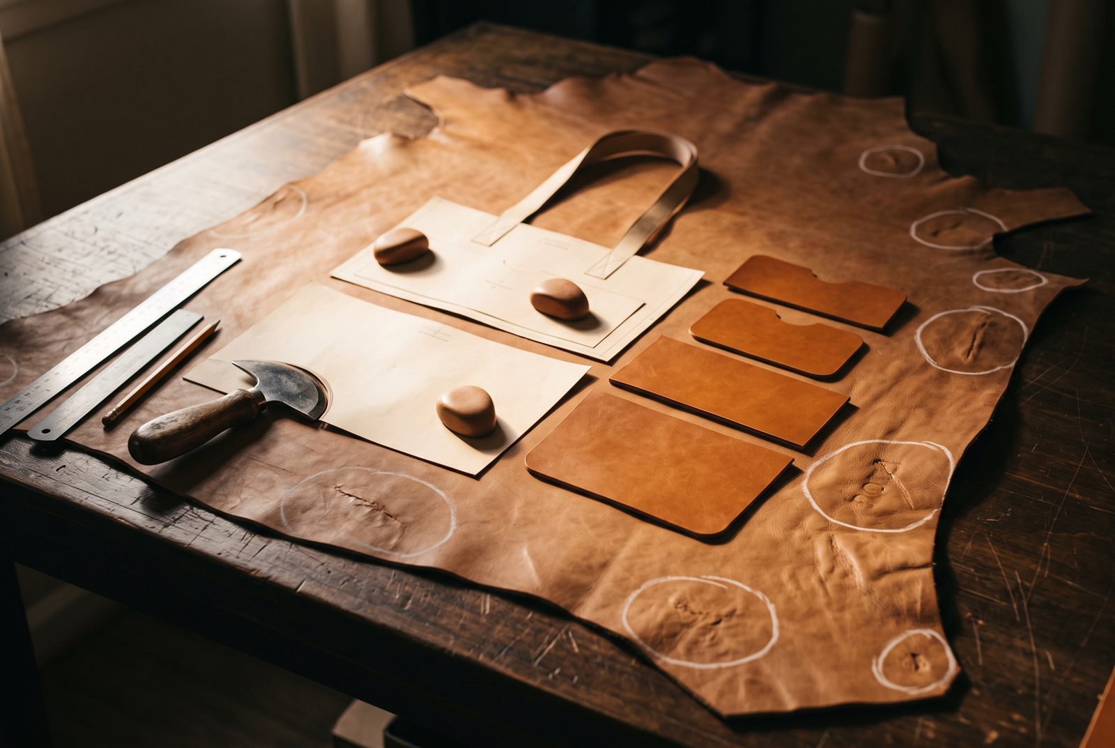 A full-grain hide on the cutting table with paper patterns and clean panels in the centre, and chalk circles marking scarred areas to avoid around the edges