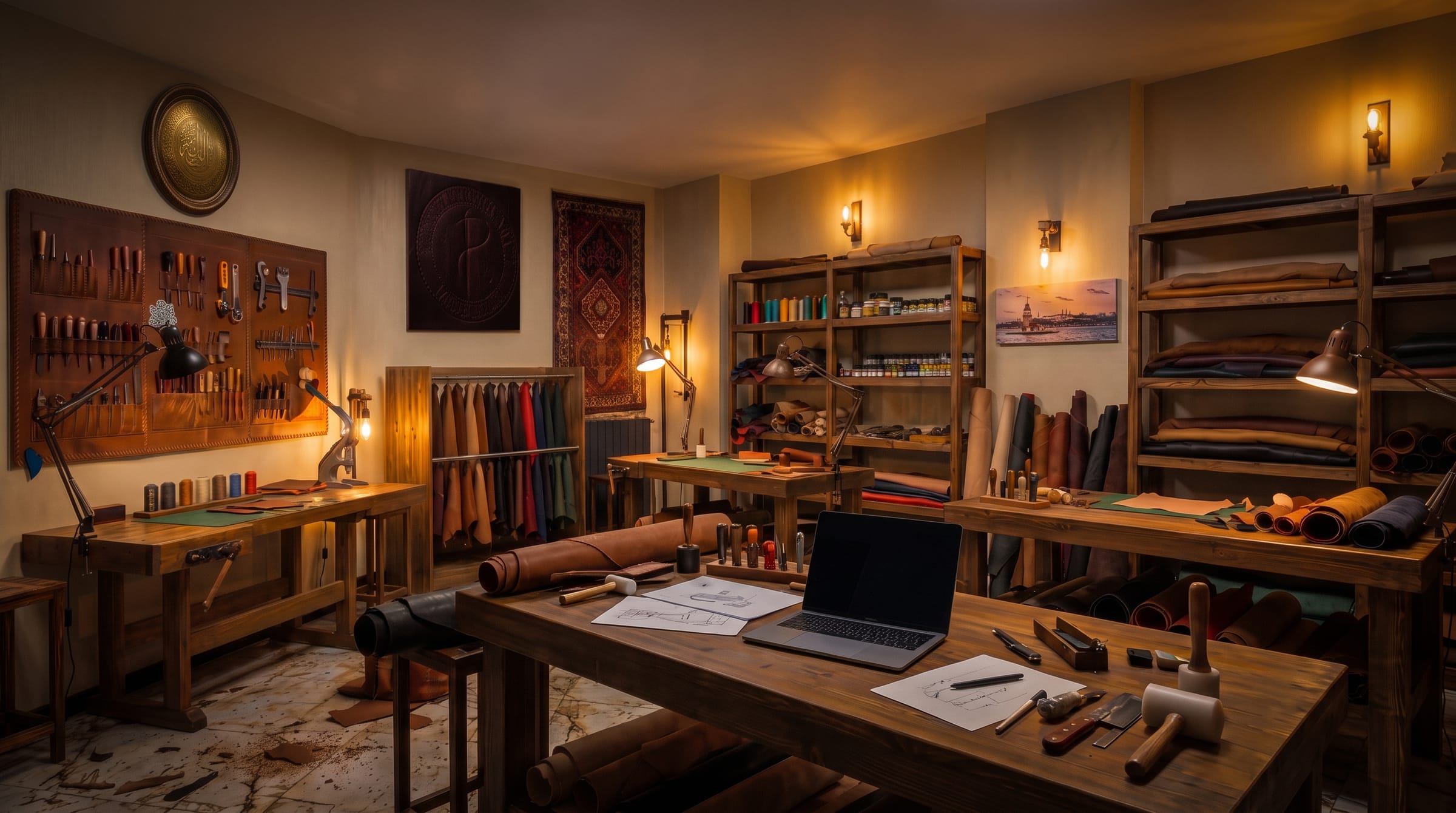 İstanbul'daki Paz Leather Art atölyesi: ceviz tezgâhlar, el aletleriyle dolu bir duvar, raflarda rulo deriler ve tezgâhta kalıp çizimleri