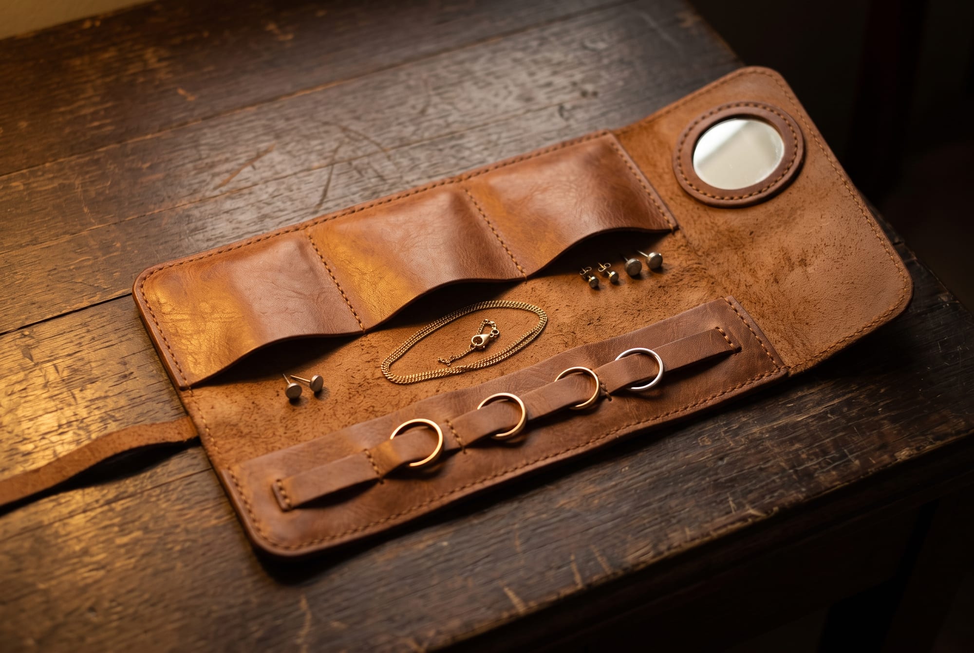 A leather jewellery roll opened flat on a hotel desk showing three deep pockets, a slotted bar holding four rings, and a small round mirror stitched into one end, with a necklace and two pairs of earrings laid in place