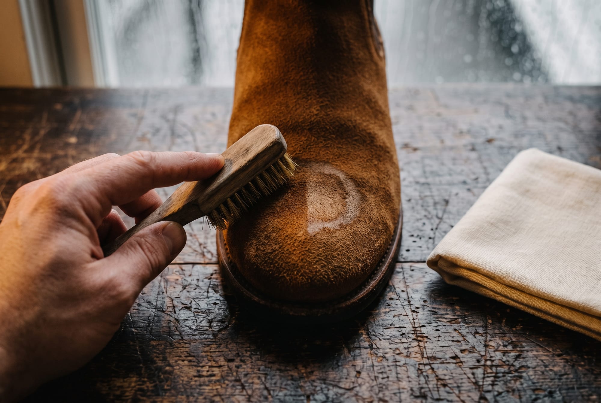 A tobacco suede boot with a drying water ring being brushed back to an even nap with a suede brush, a cream cloth beside it