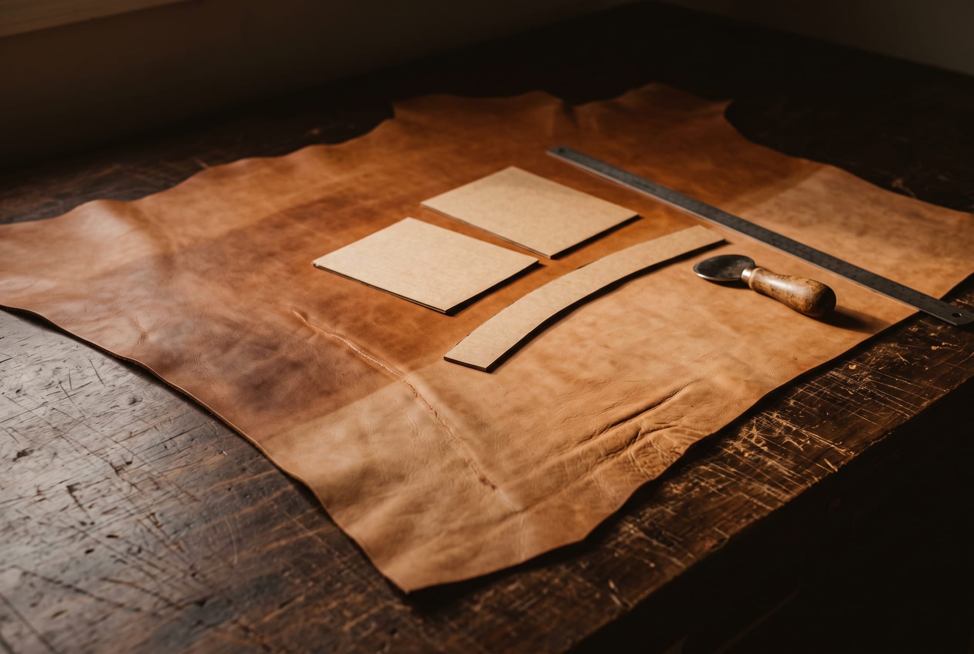 A full hide laid flat across a workbench under low light, with pattern pieces and a round knife resting on it, natural creases and tonal variation visible across the surface