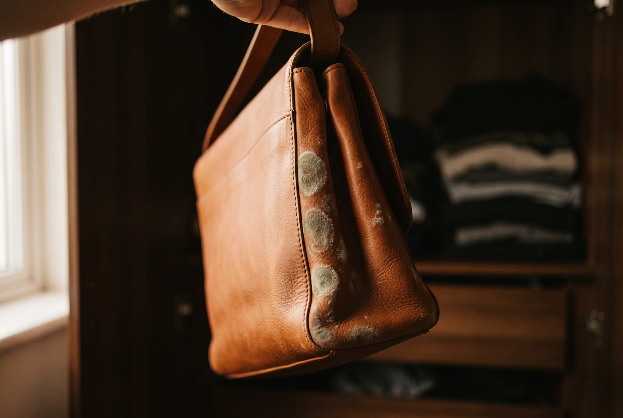 A cognac leather bag lifted out of a wardrobe in low light, a soft grey-green bloom visible along the folded gusset and heaviest on the face that had been resting against the wall