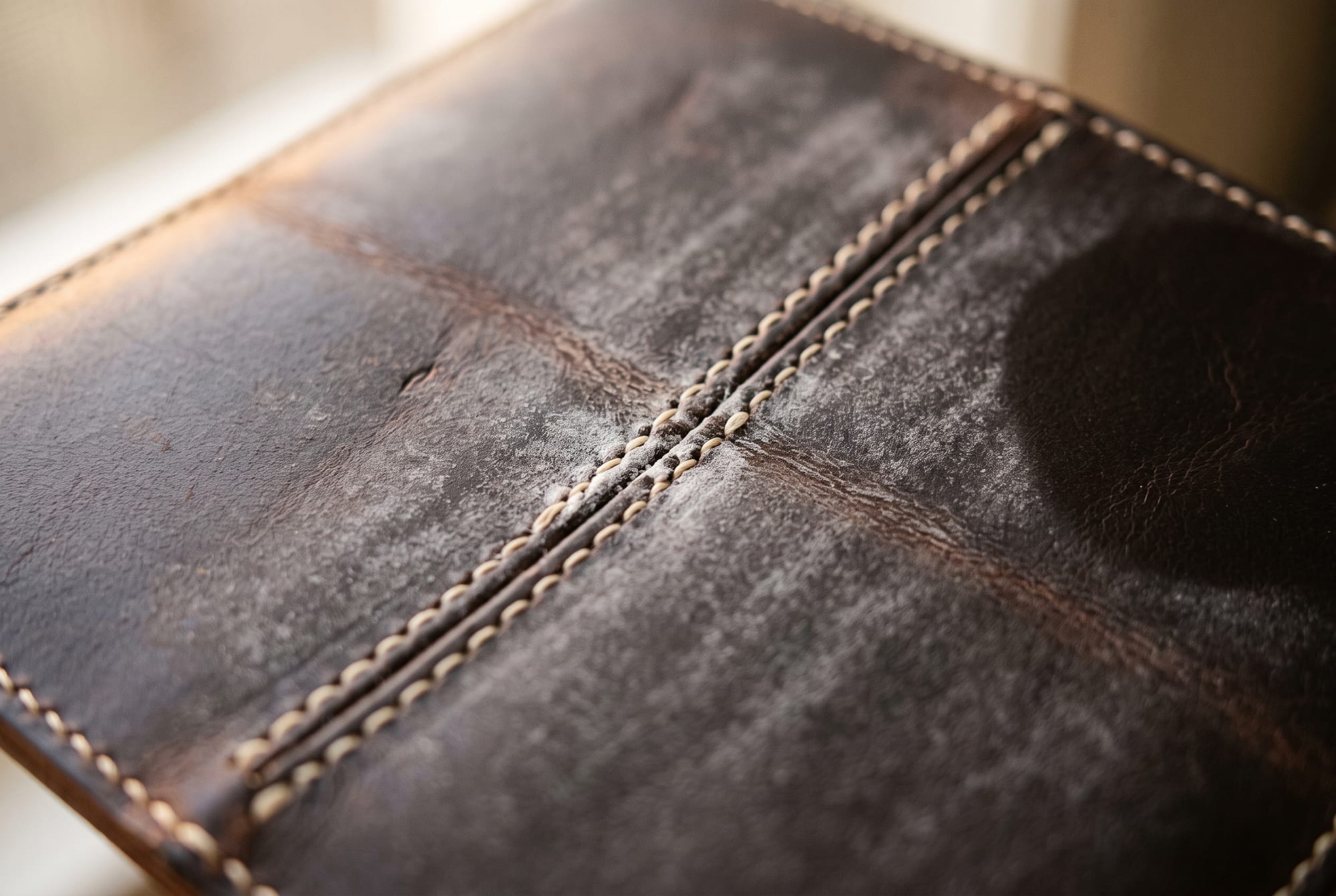A fine pale grey-white waxy bloom lying across a dark brown leather surface and gathering thickly along a line of saddle stitching, with clear leather visible beyond it