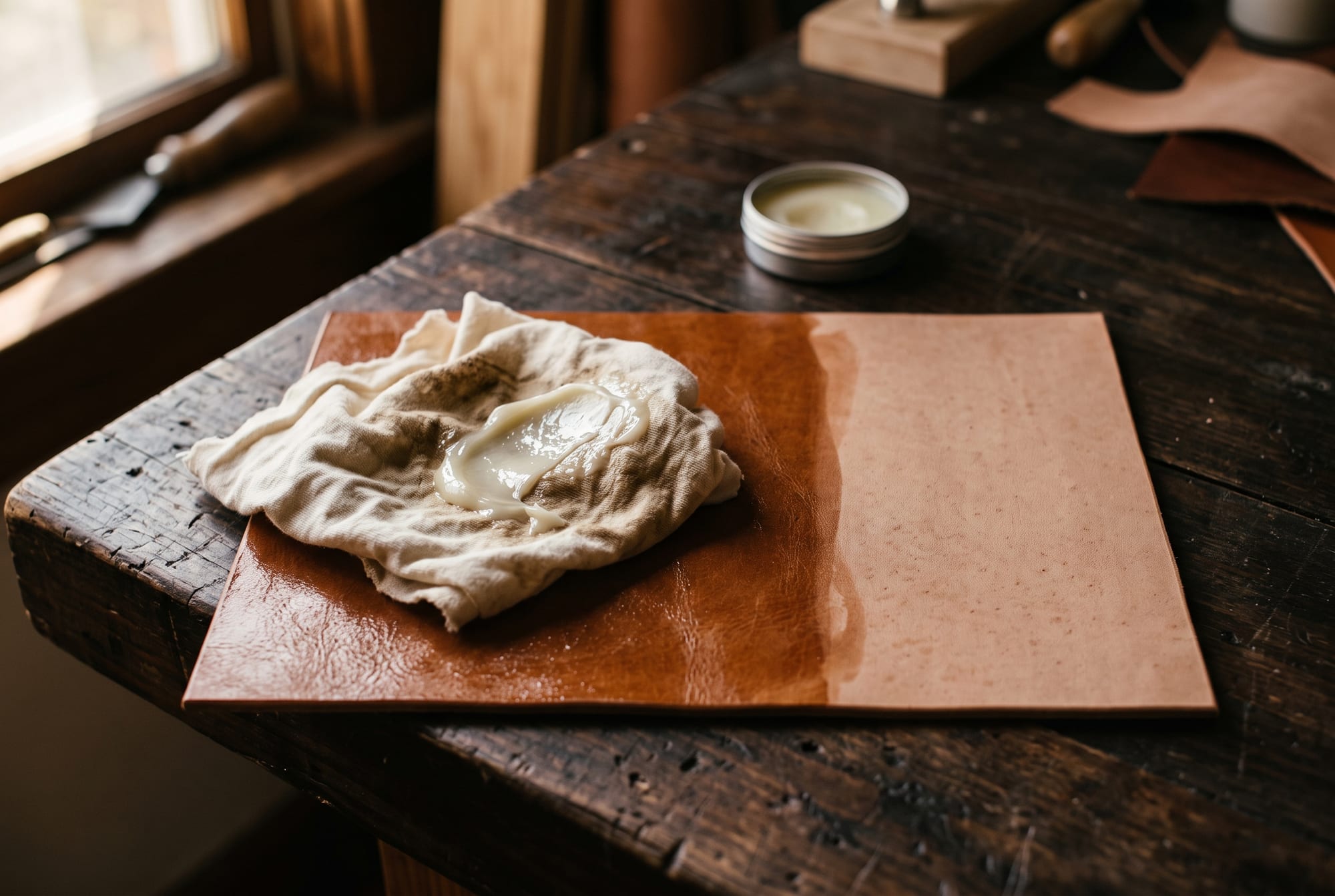 A cloth loaded with far too much pale conditioning balm resting on a dark cognac leather panel, a glossy over-oiled patch spreading across the surface beside a matte untouched area