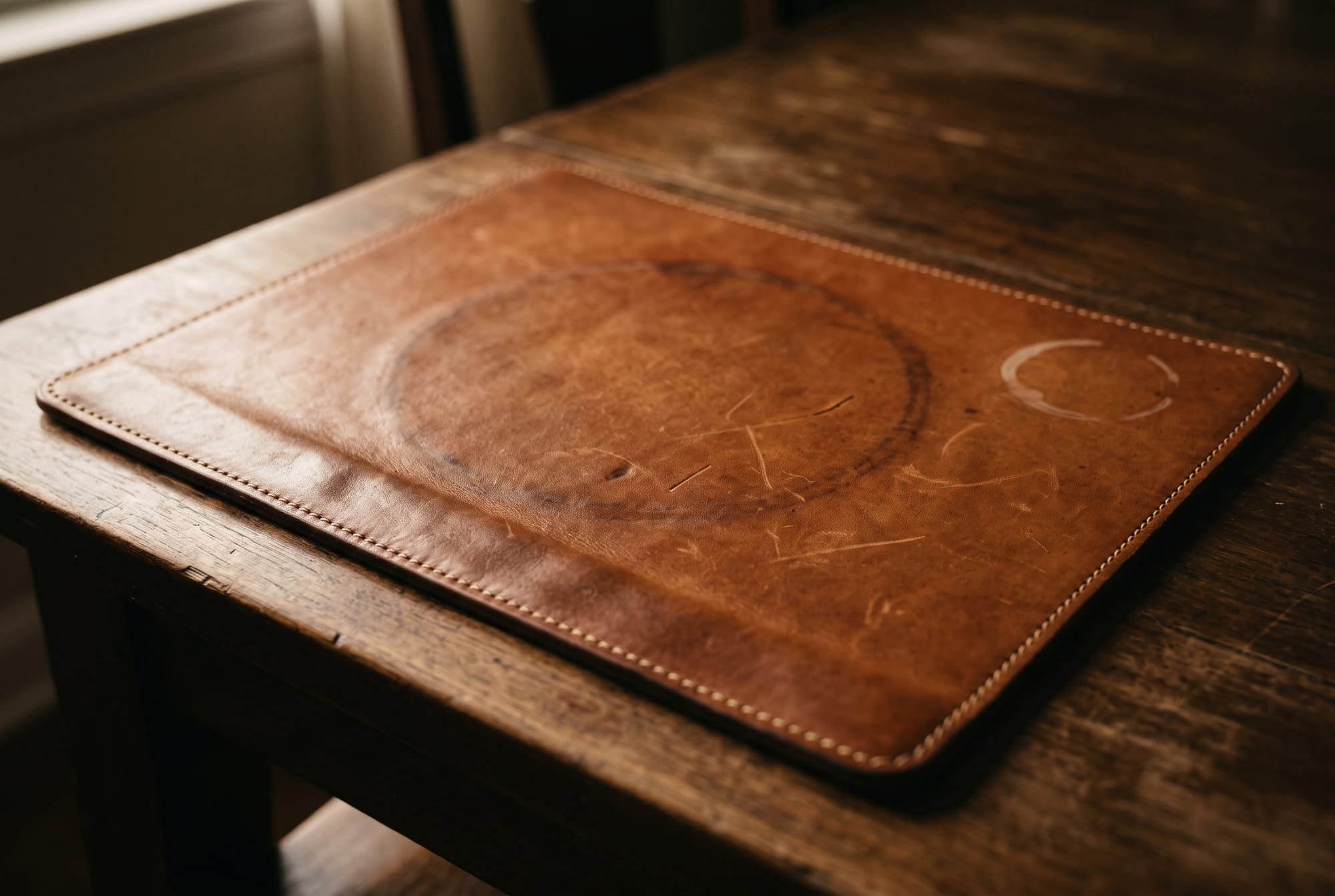 Close-up of a well-used cognac leather placemat in raking light showing a faint darker ring where a plate has always sat, a slightly polished band at the near edge where hands rest, and a soft overall glow