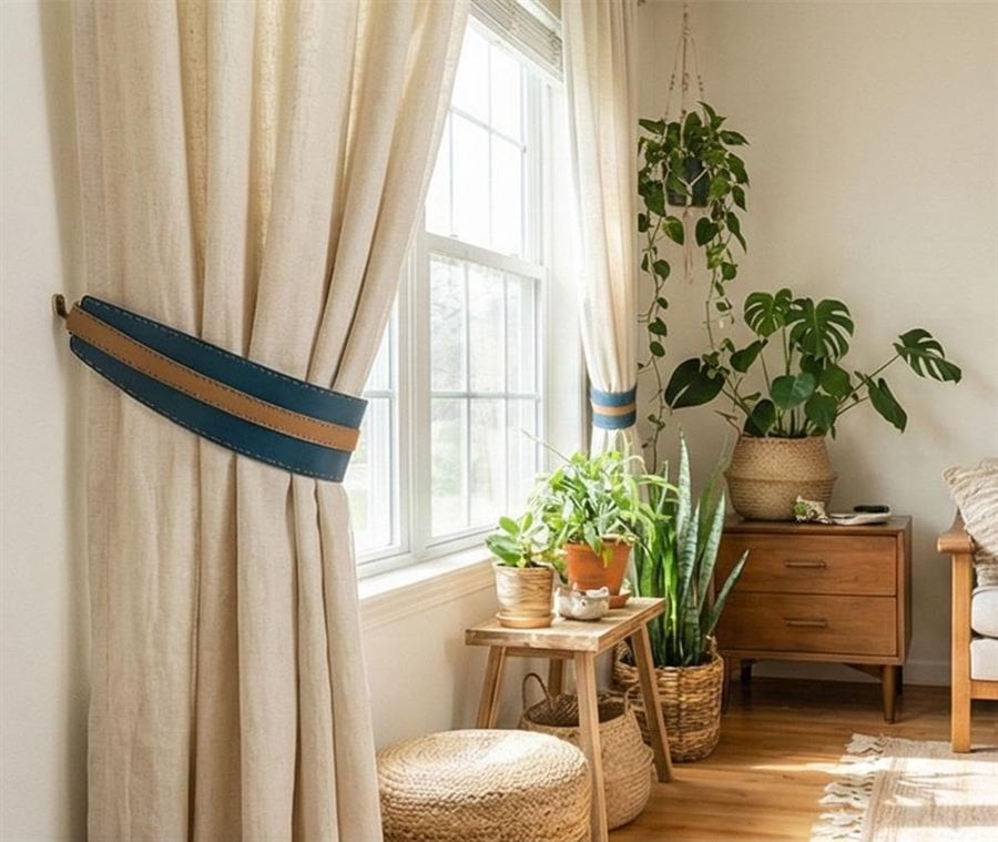 A navy blue and tan hand-stitched leather curtain tieback holding back a full oatmeal linen curtain beside a bright window, with a mid-century walnut chest, oak floor and rattan baskets