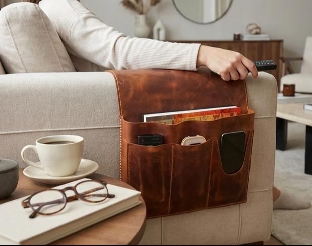Hand-stitched leather sofa caddy with wireless charging pocket