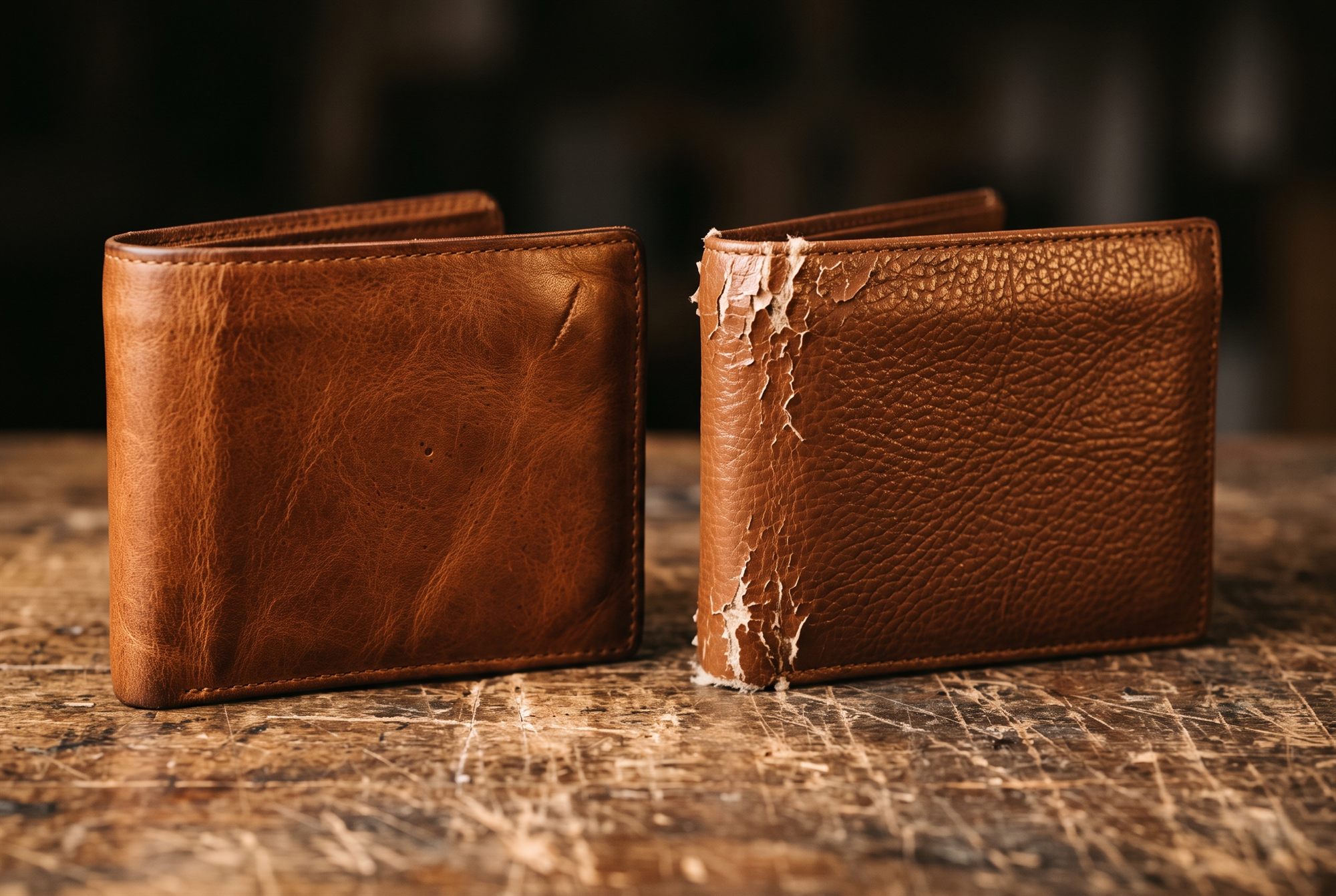 Two similar-looking brown leather bags side by side — one honest full-grain, one coated split leather