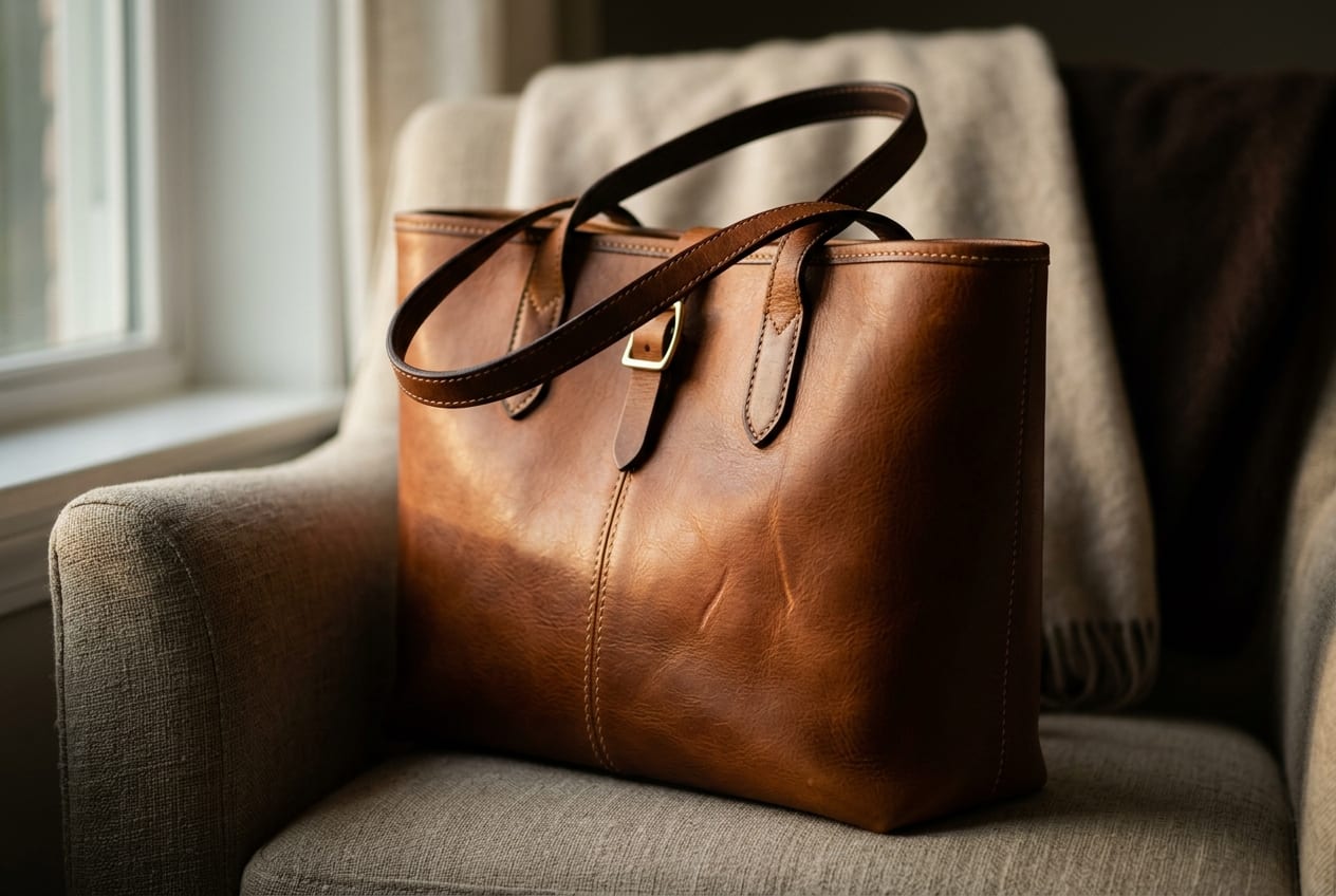 A logo-free cognac full-grain leather tote with an unbranded brass buckle and hand-stitched seams resting on a natural linen armchair by a window, a wool throw behind, the waxed grain and its creases doing all the talking