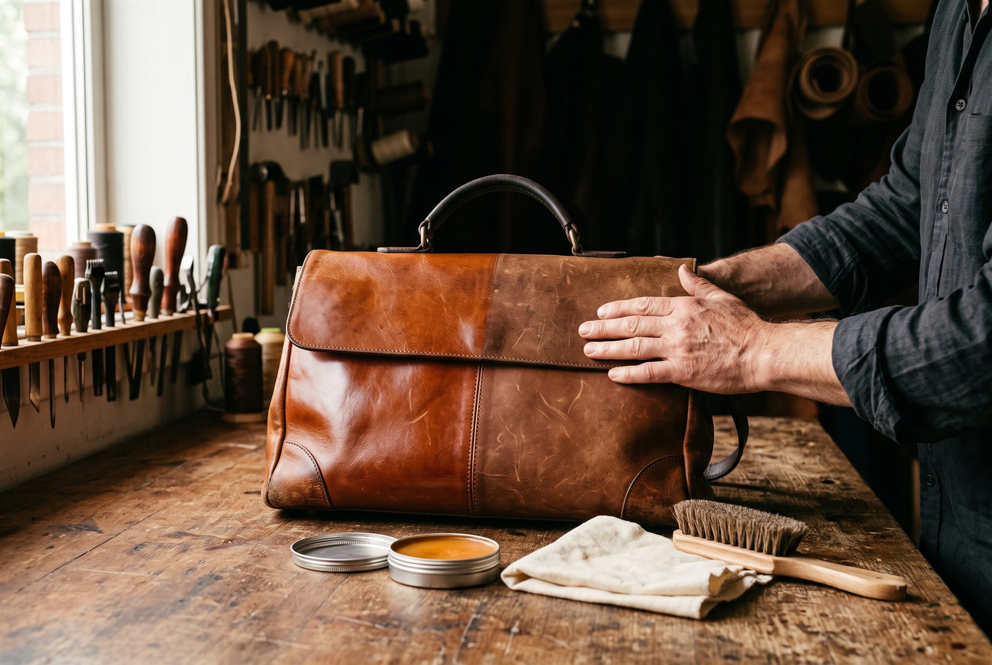 A well-worn cognac leather bag being revived with conditioning balm on the restoration bench