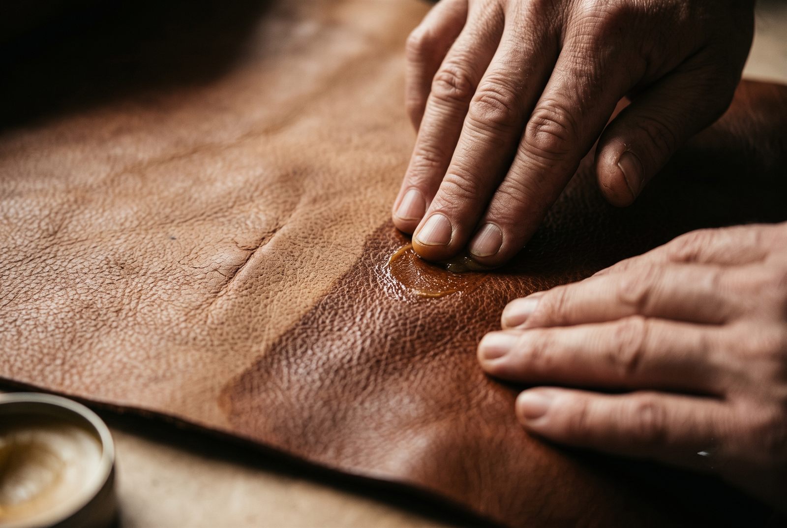 Fingertips working amber beeswax balm into dry leather, the fed side visibly darker and richer than the unfed side