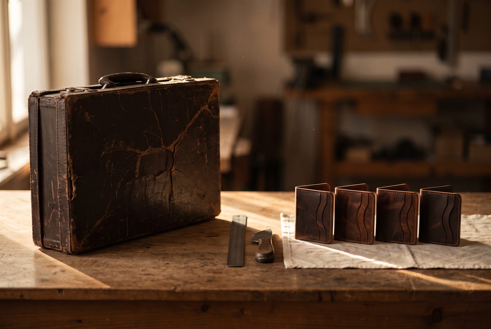 A cracked vintage briefcase beside a row of new cardholders hand-cut from its sound leather panels
