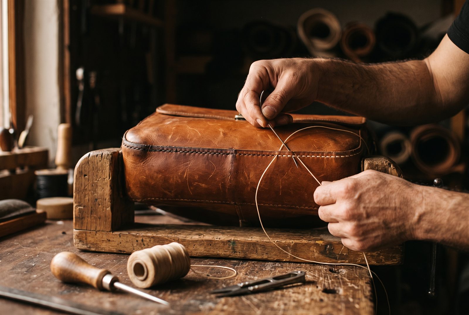 A craftsman re-sewing a seam on an old leather bag held in a wooden stitching pony, fresh cream saddle stitches continuing the original line