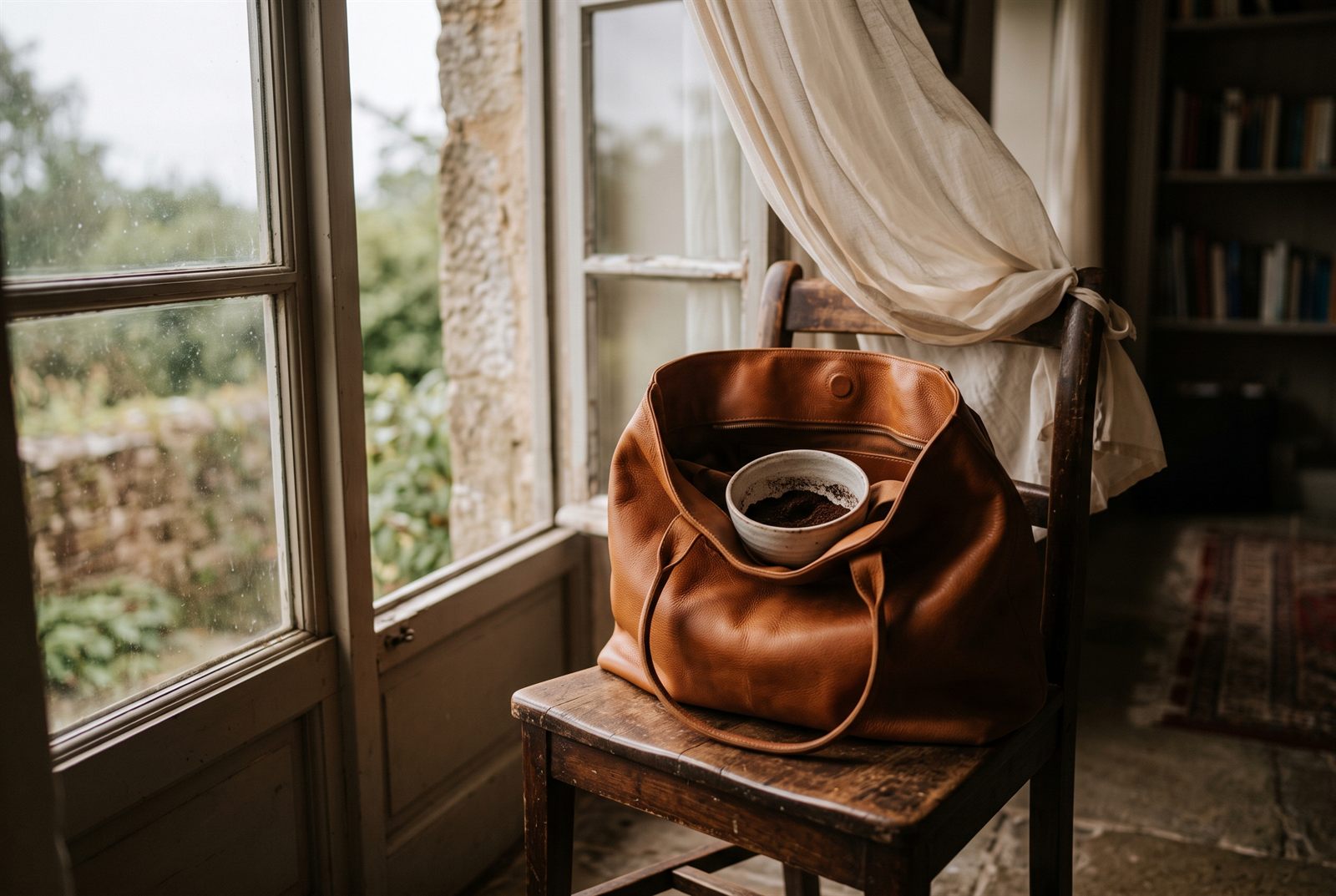 A cognac leather tote standing open on a wooden chair by a half-open window, airing in soft daylight with a small bowl of coffee grounds inside