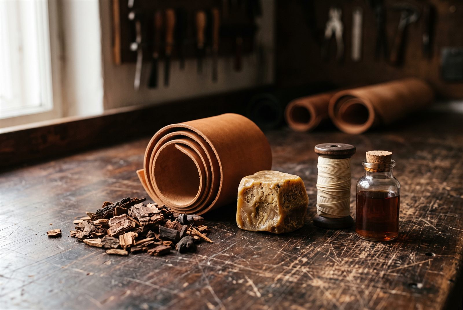 The ingredients of the leather smell on a workbench: a curl of vegetable-tanned hide, oak and mimosa bark chips, a block of beeswax, waxed linen thread and a jar of tannin liquor