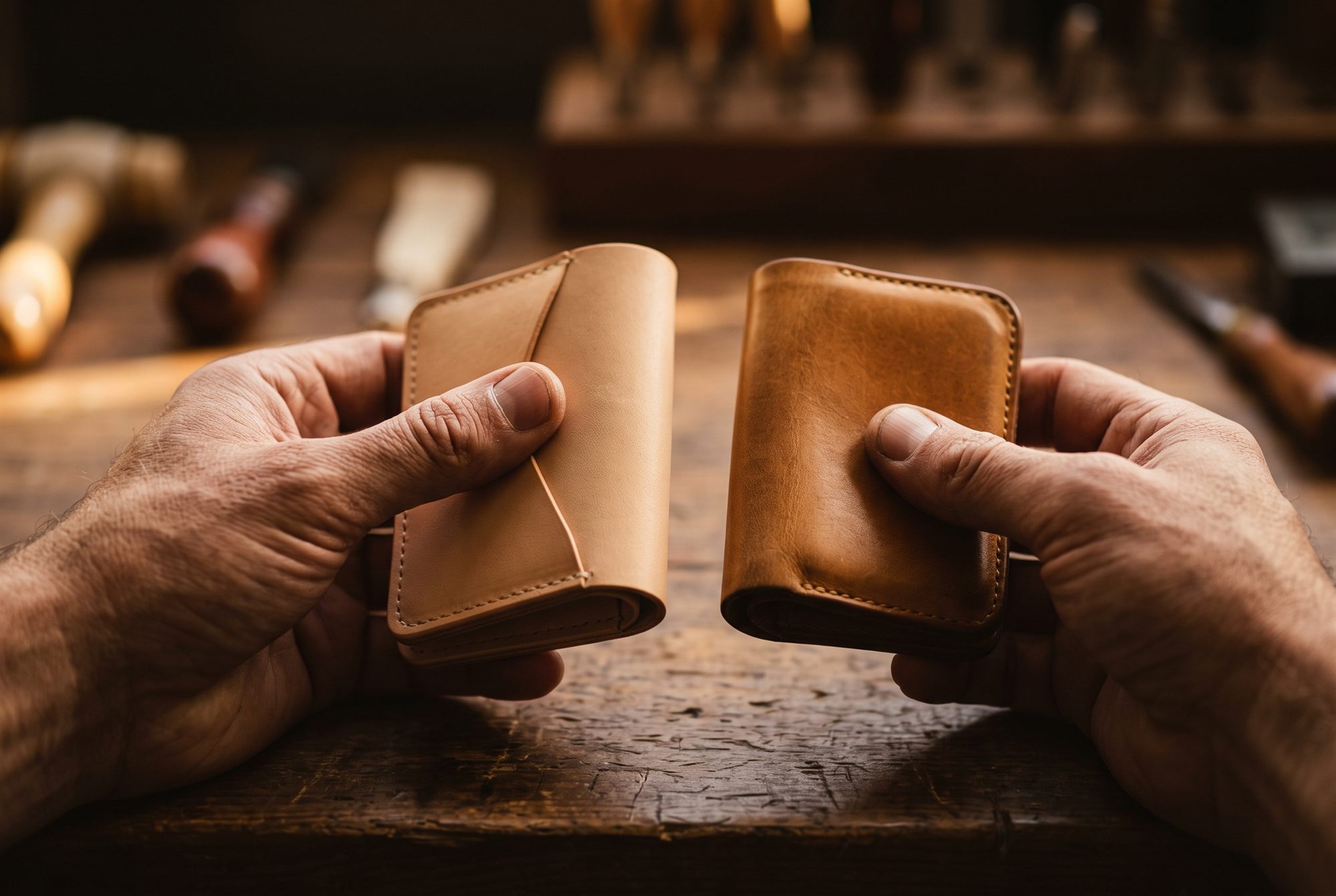 Firm new full-grain leather being flexed by hand at the workbench