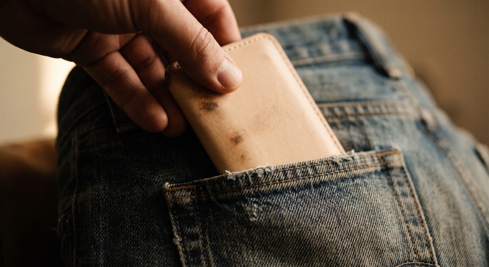 A slim natural veg-tan wallet being slid into the back pocket of worn indigo jeans, the first darkened patches already showing where the hand grips it