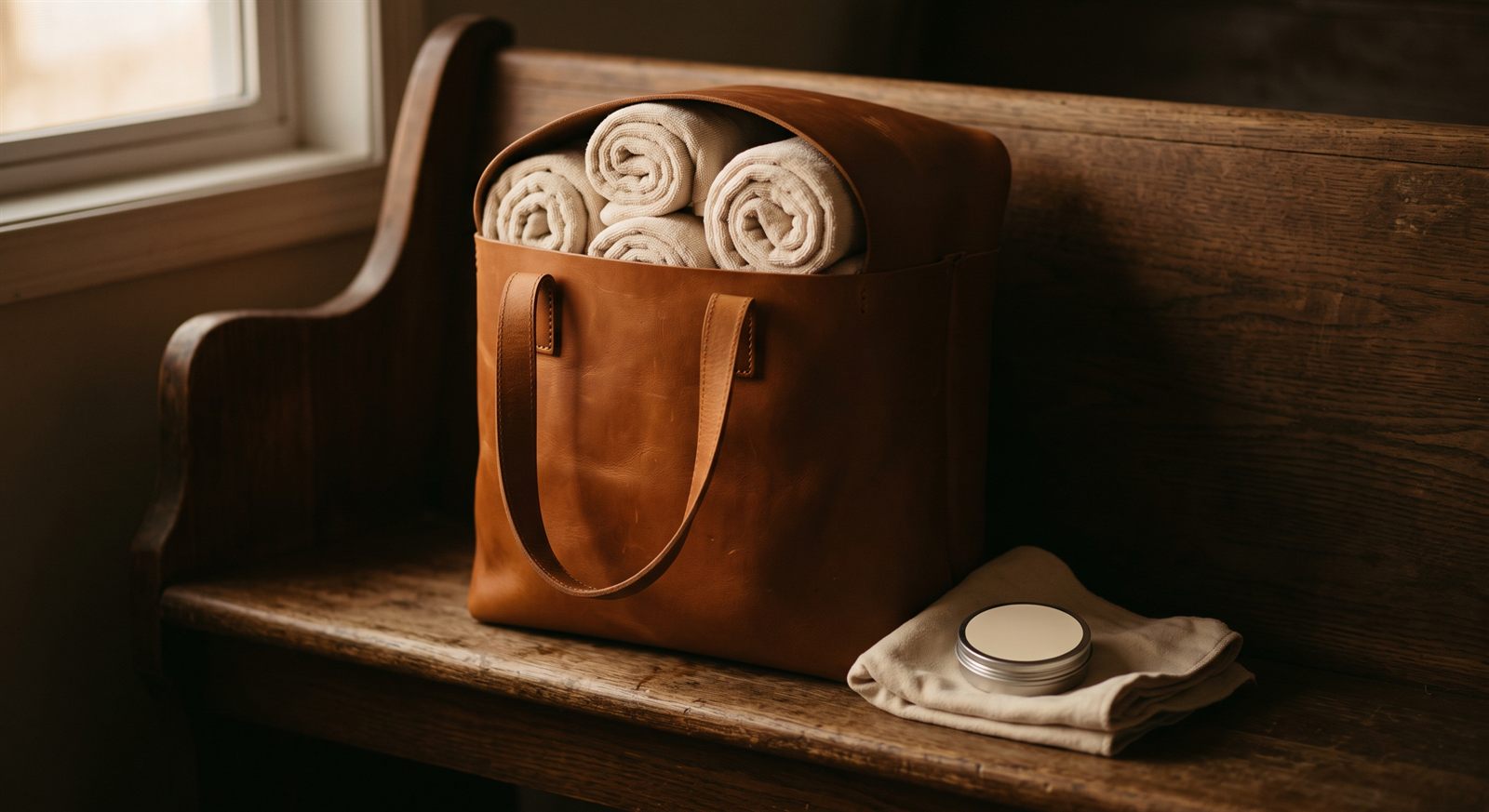 A new cognac leather tote stuffed with rolled cotton towels to its working shape, a tin of balm and a soft cloth beside it in evening window light