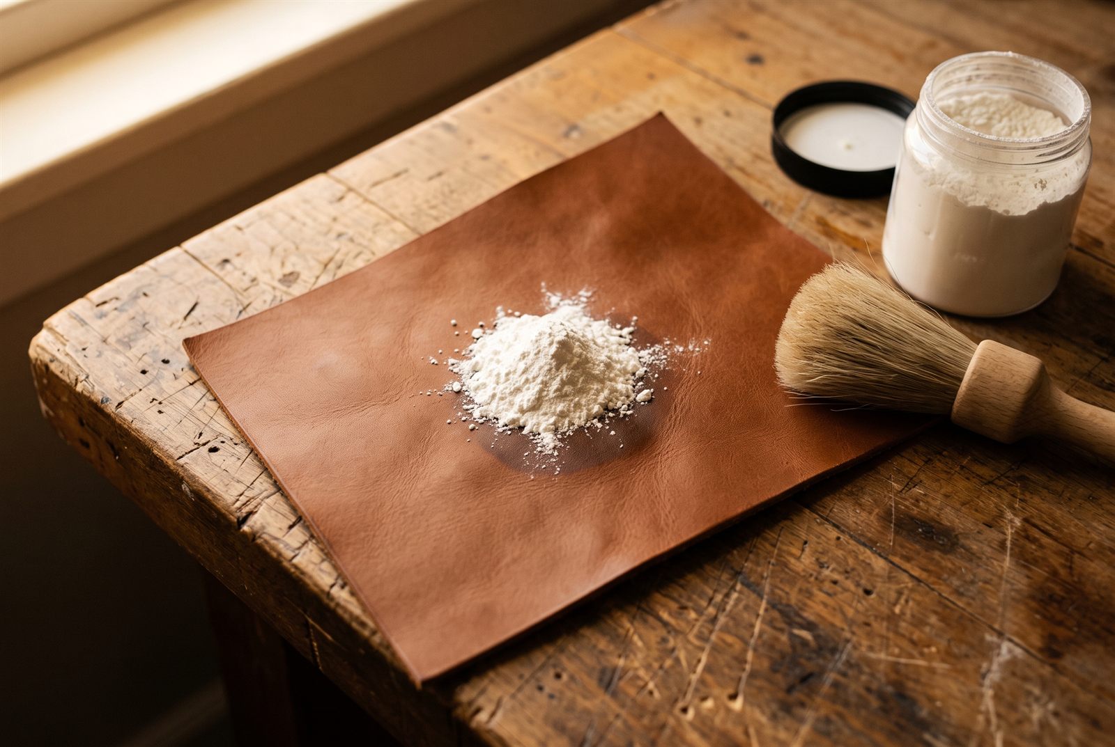 A small hill of cornstarch piled over an oil spot on tan leather, with a soft brush and the open jar beside it