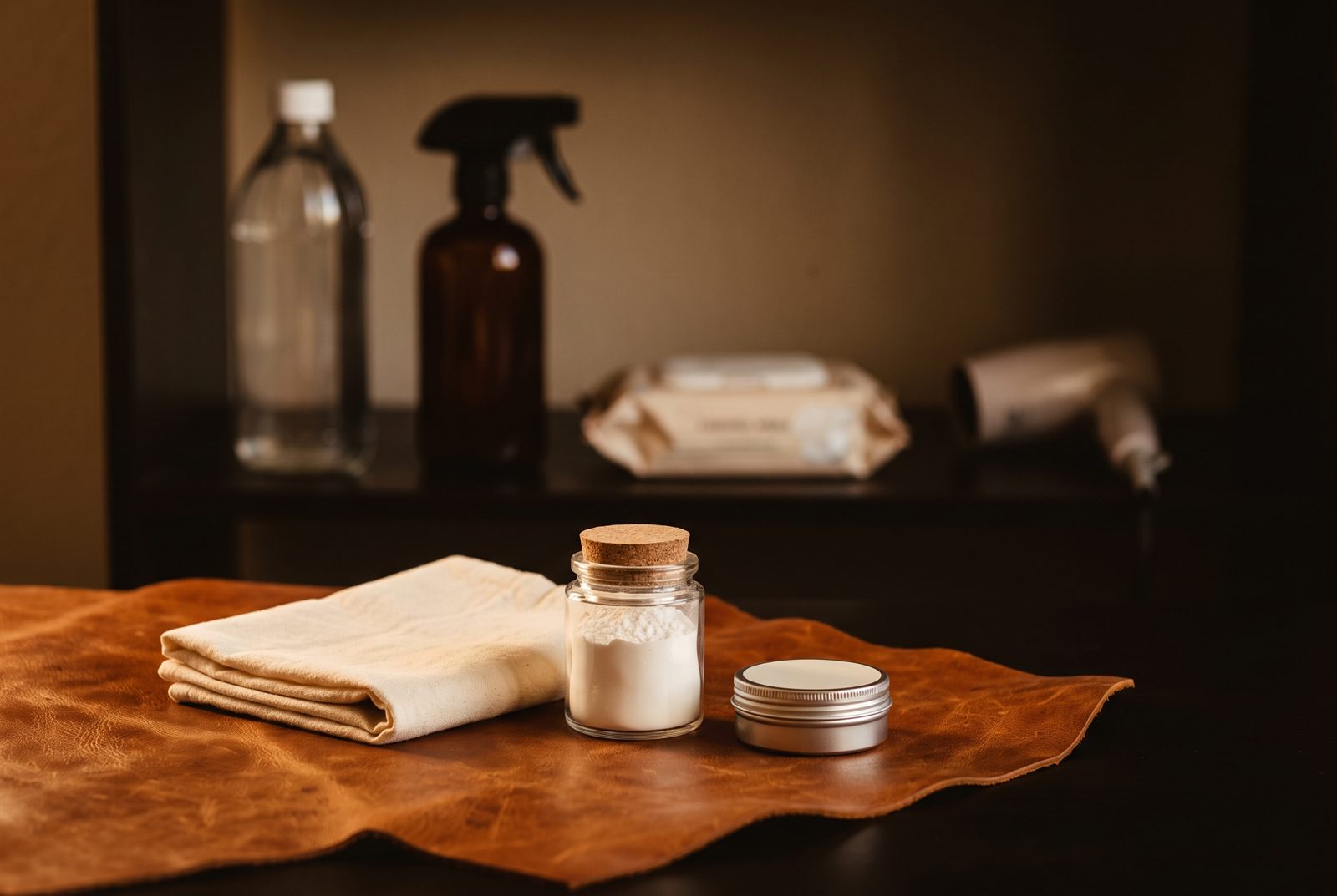 Vinegar, spray cleaner, wipes and a hair dryer banished to the blurred background while a cotton cloth, cornstarch jar and balm tin sit in focus on leather