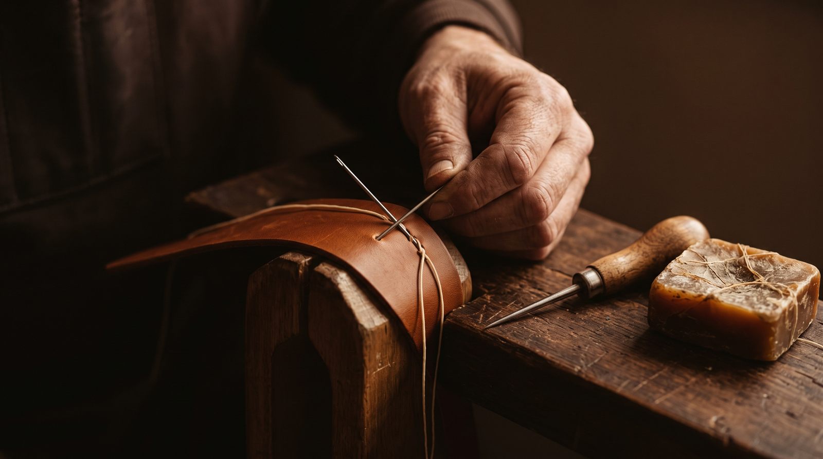 A saddler's hands at a wooden stitching pony crossing two needles of waxed linen thread through a single hole, an awl and a block of beeswax on the bench