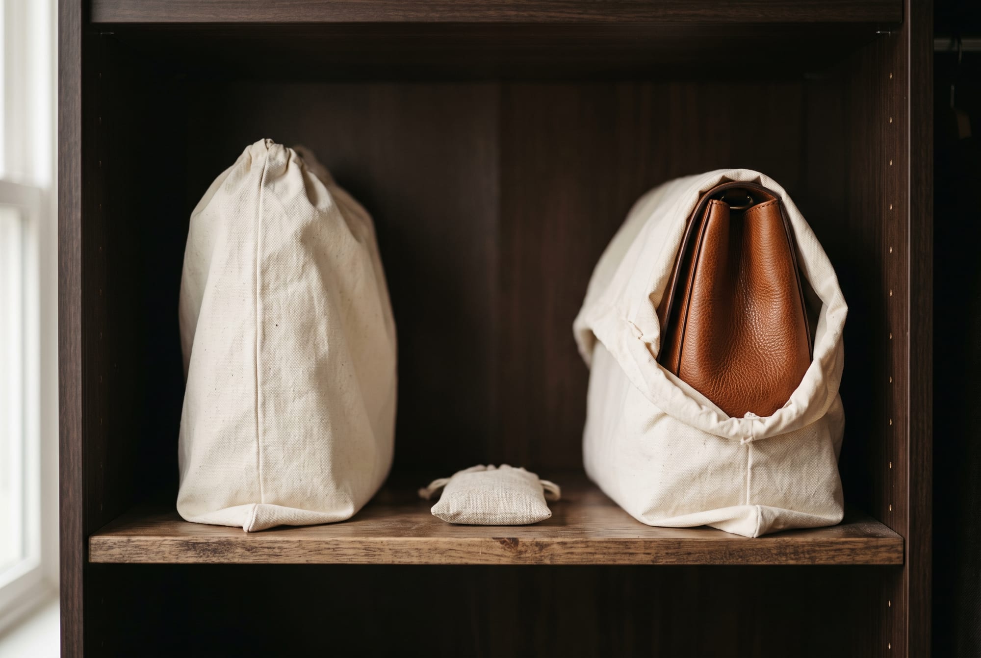 A wardrobe shelf with three cognac leather bags standing upright in cream cotton dust bags, stuffed to shape with a hand's width of air between them, a crumpled plastic bag discarded to one side