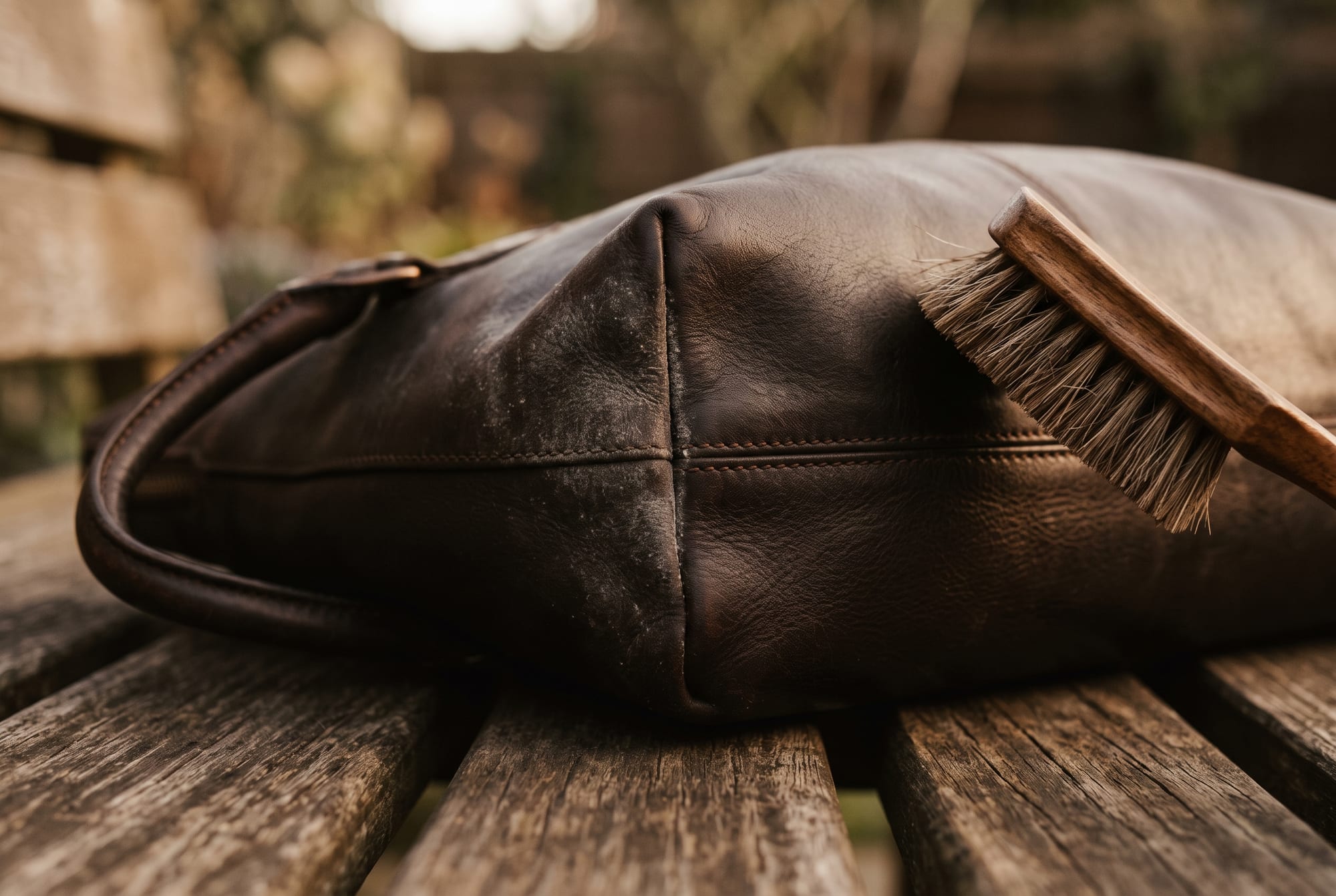 Macro of a grey-white mould bloom on the seam of a cognac leather bag with a soft horsehair brush lifting it away, photographed outdoors in daylight