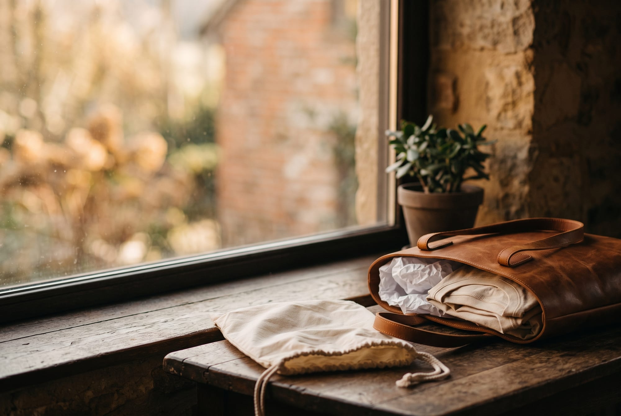 Hands filling a cognac leather bag with crumpled acid-free tissue to hold its shape, a folded cream cotton dust bag waiting beside it