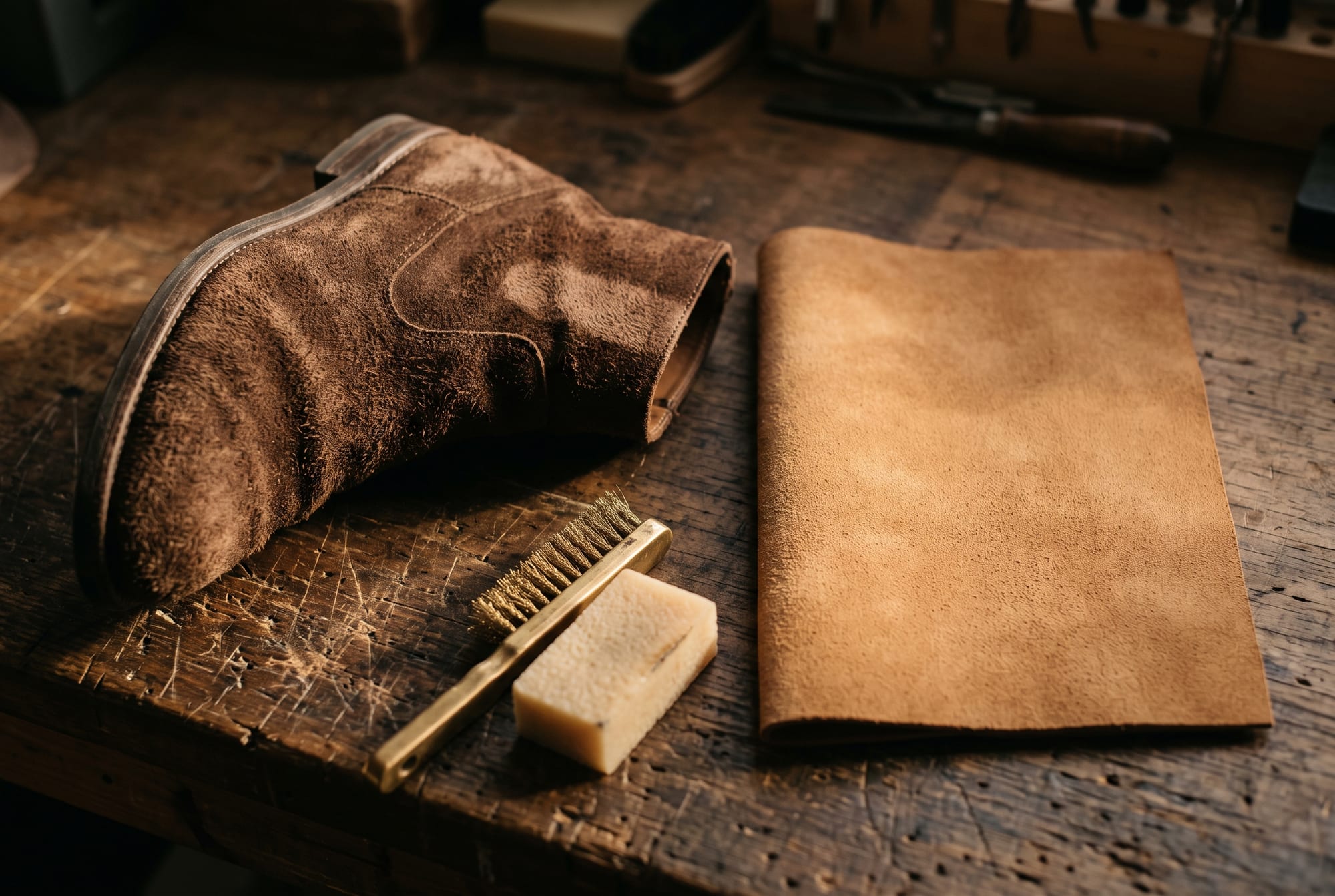 A chocolate-brown suede boot and a tan nubuck panel lying side by side on a workbench under raking light, a brass suede brush and a crepe rubber block beside them, the difference in nap length clearly visible